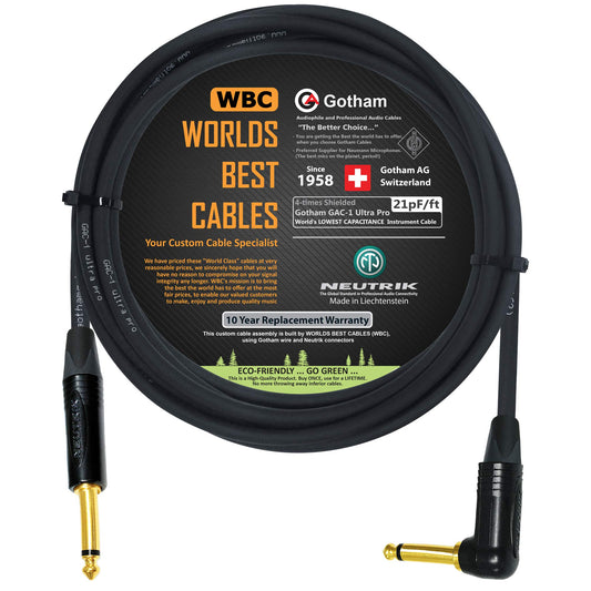 Cable de Instrumento Gotham GAC-1 Ultra Pro 12 Pies Premium Neutrik Gold recto a ángulo para Guitarra Baja