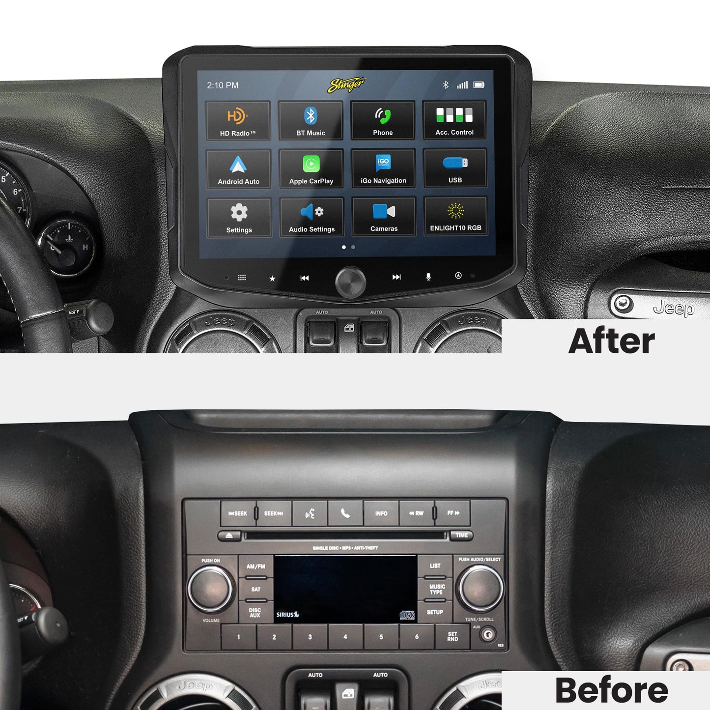 Stinger HEIGH10+ Wrangler JK (2011-18) visualización táctil HD de 10.1 pulgadas, estéreo para coche, radio automática inalámbrica certificada Apple CarPlay/Android, unidad principal receptor Bluetooth