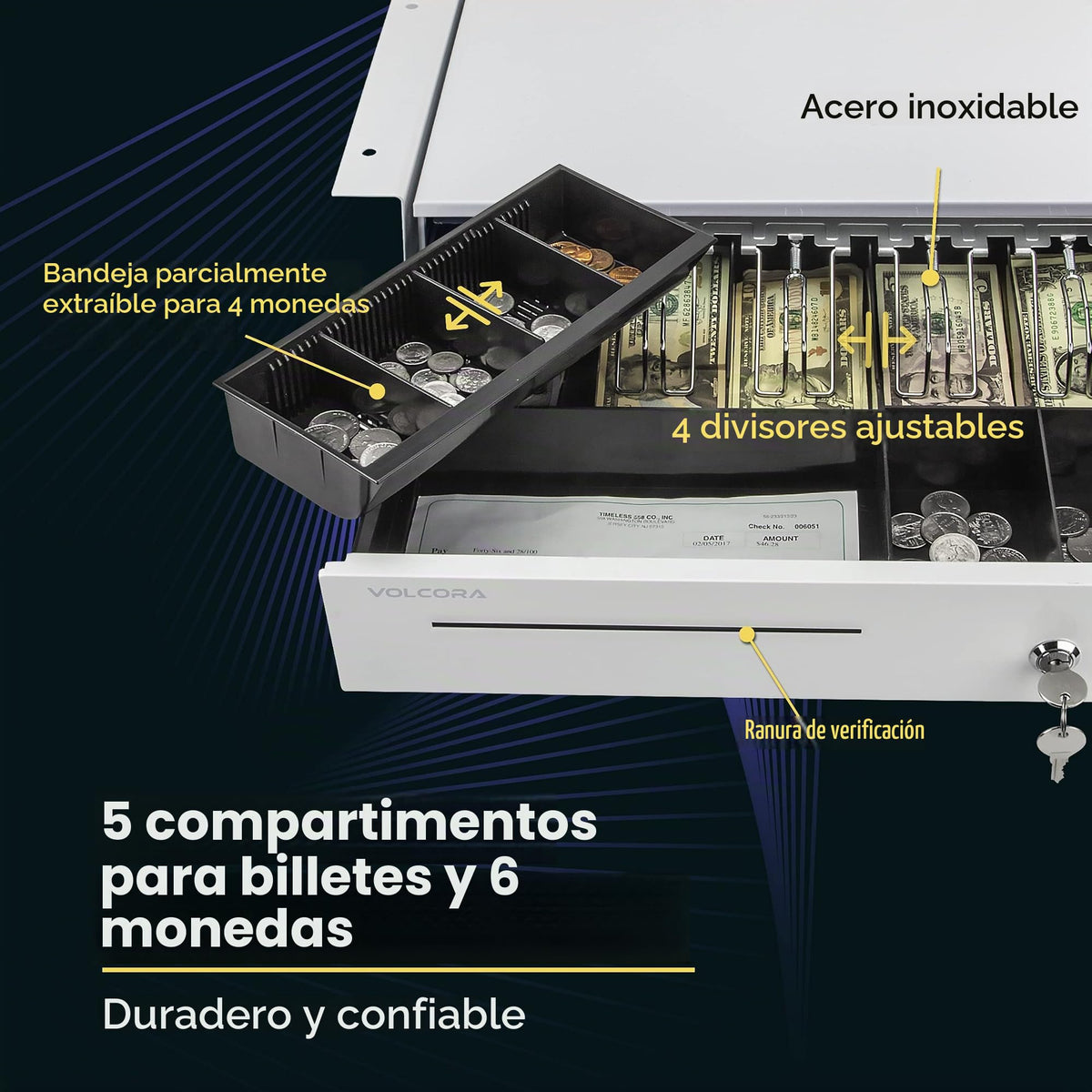 Cajón Registradora Volcora Blanco de 16 Pulgadas con Soporte de Montaje y Bandeja Extraíble para POS