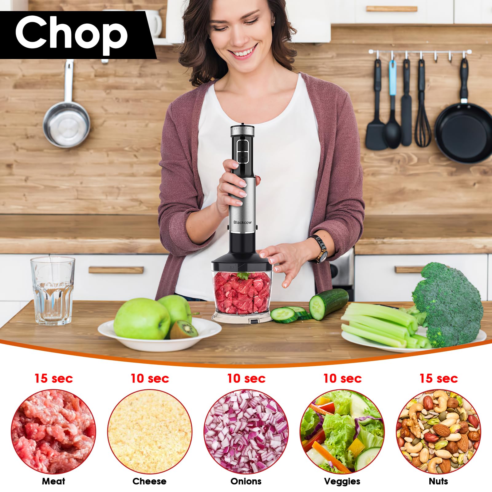 Batidora de inmersión de mano para cocina, licuadora de emulsión de mano con cuchillas de titanio, mezclador de mano eléctrico de 12 velocidades con accesorios sin BPA, tazón de picador, batidor,