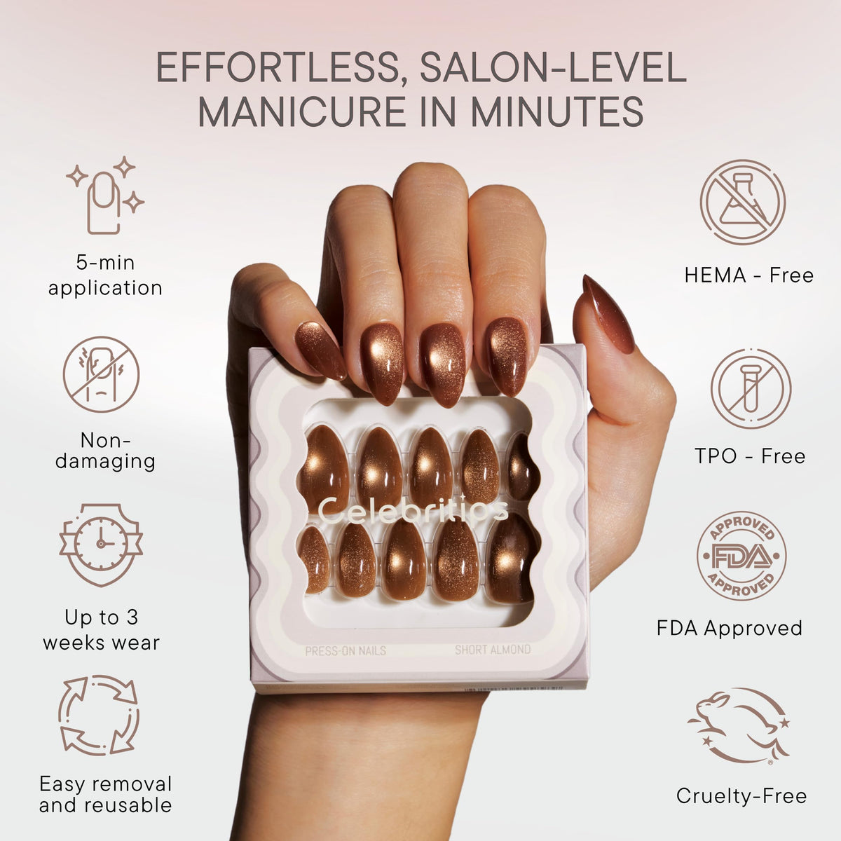 Celebritips Uñas Postizas Decorativas | Polvo De Canela, Uñas Cortas Almendradas, Reutilizables, Uñas De Otoño Con Calidad De Salón | 16 Tamaños - Kit De 32 Uñas Con Pegamento De Fijación Extra Fuerte