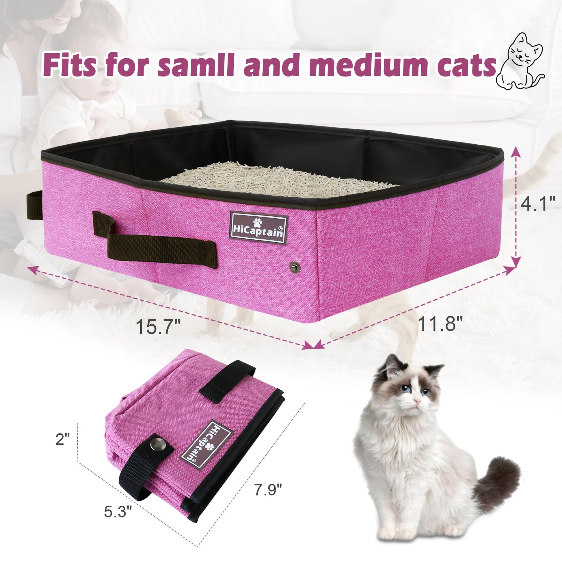 HiCaptain - Caja de arena portátil de viaje para gatos, caja de arena plegable a prueba de fugas para viajar en coche, bandeja plegable para gatos medianos, resistente, ligero y rosa