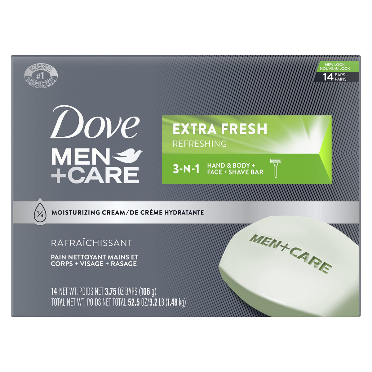 DOVE MEN + CARE Dove Men+Care Bar 3 in 1 Cleanser for Body, Face, and Shaving to Clean and Hydrate Skin Extra Fresh Body and Facial Cleanser More Moisturizing Than Bar Soap 3.75 oz 14 Bars
