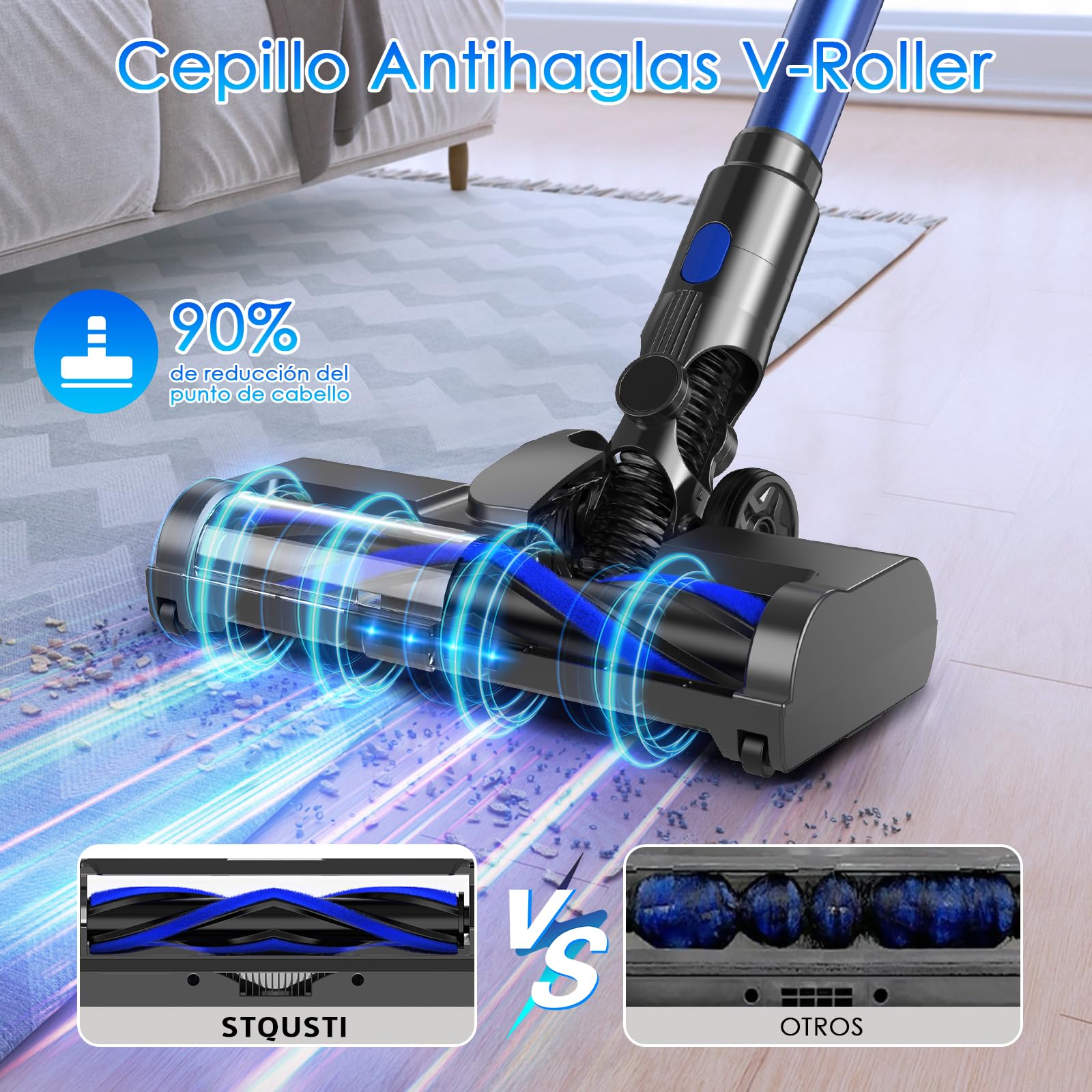 Aspiradora Inalámbrica, Aspiradora de Mano, 45Kpa Aspiradora Vertical, Succión Potente, Aspiradora Inalámbrica y Trapeador con Antienredos para Alfombras, Pelo de Mascotas, Pisos de Madera Dura