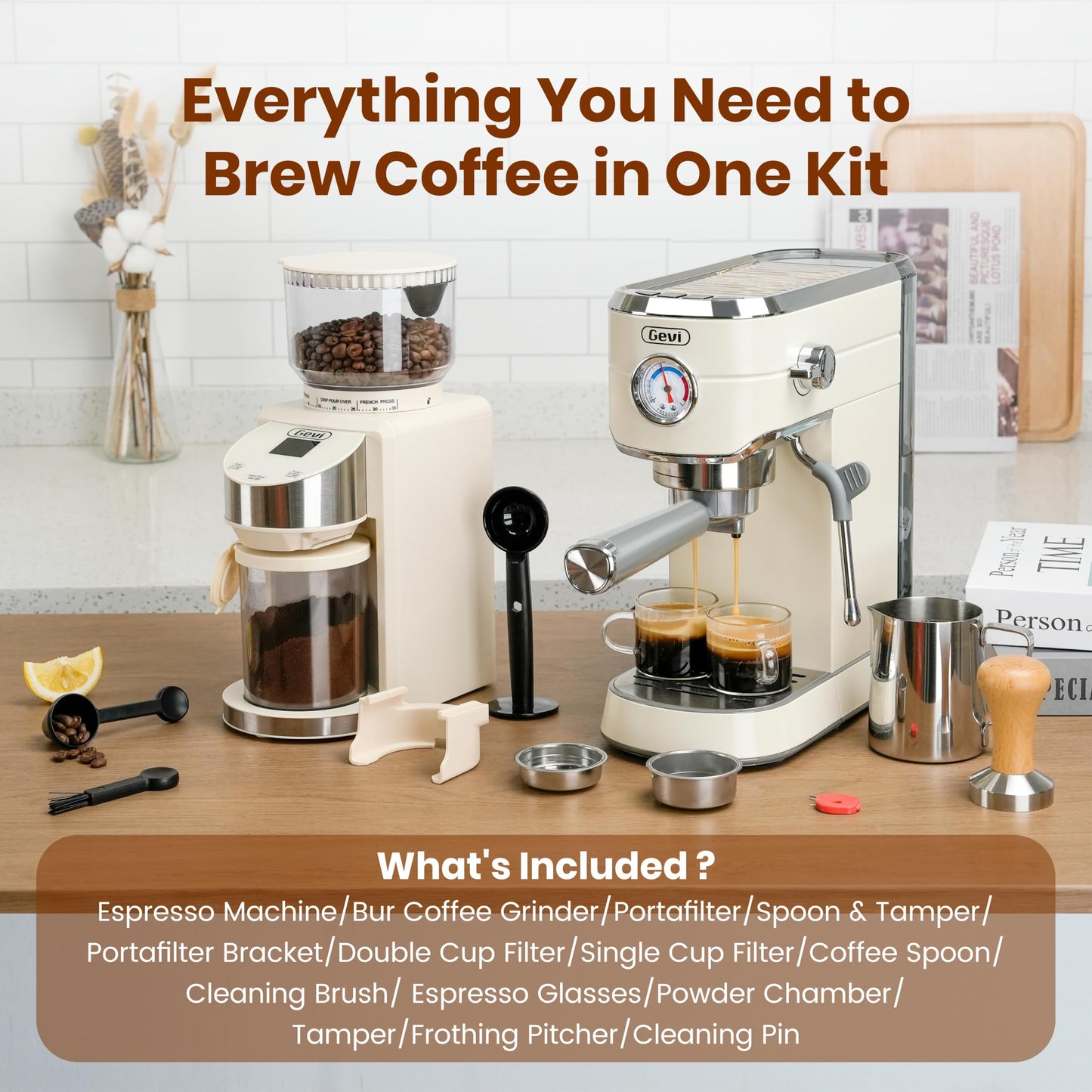 Gevi - Máquina de Espresso Profesional Compacta de 20 Bares Con Espumador de Leche Para Expreso, Latte y Capuchino Con 35 Ajustes Precisos de Molienda, Color Beige