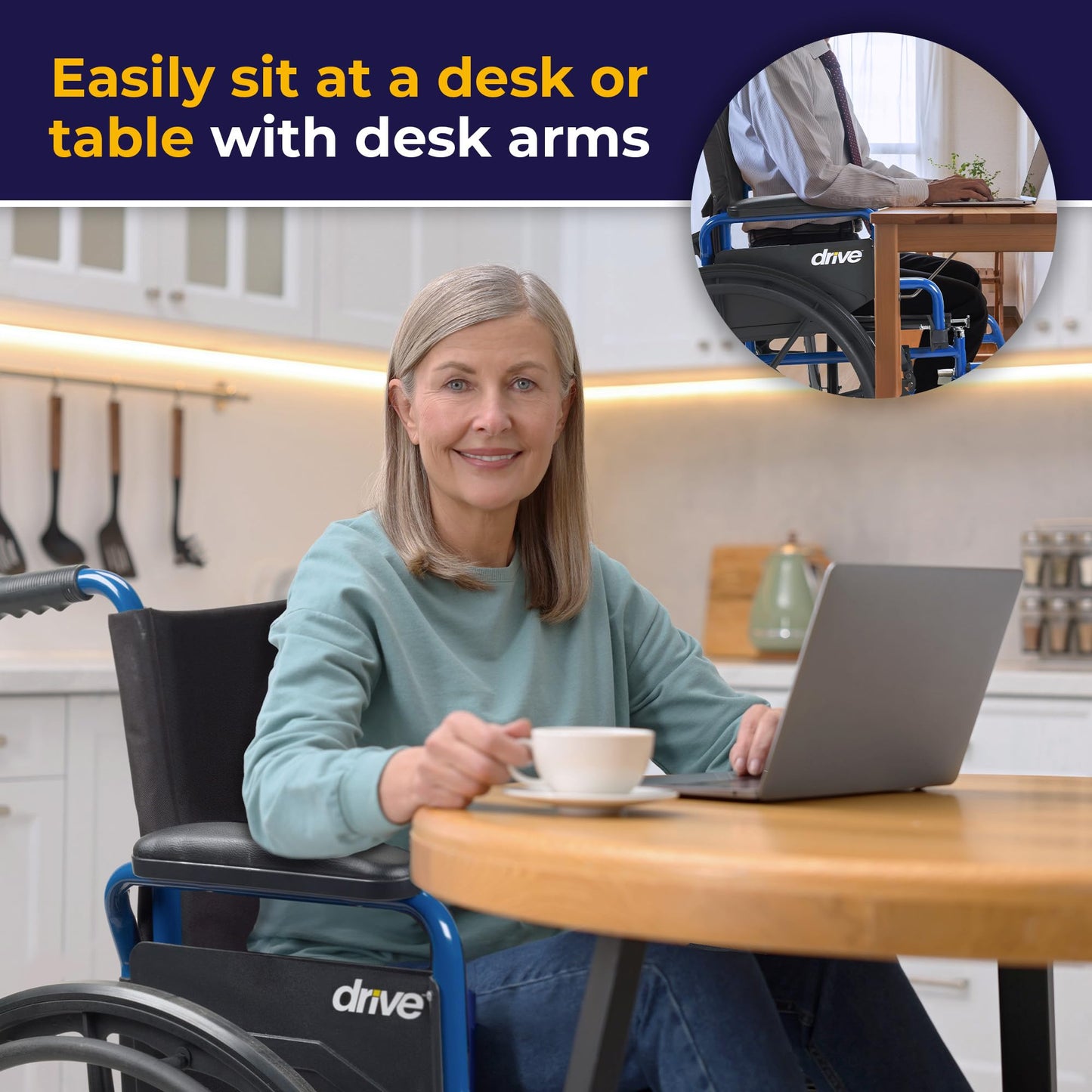 Silla de Ruedas Drive Medical Azul con Brazos de Escritorio Desmontables y Reposapiés Abatible