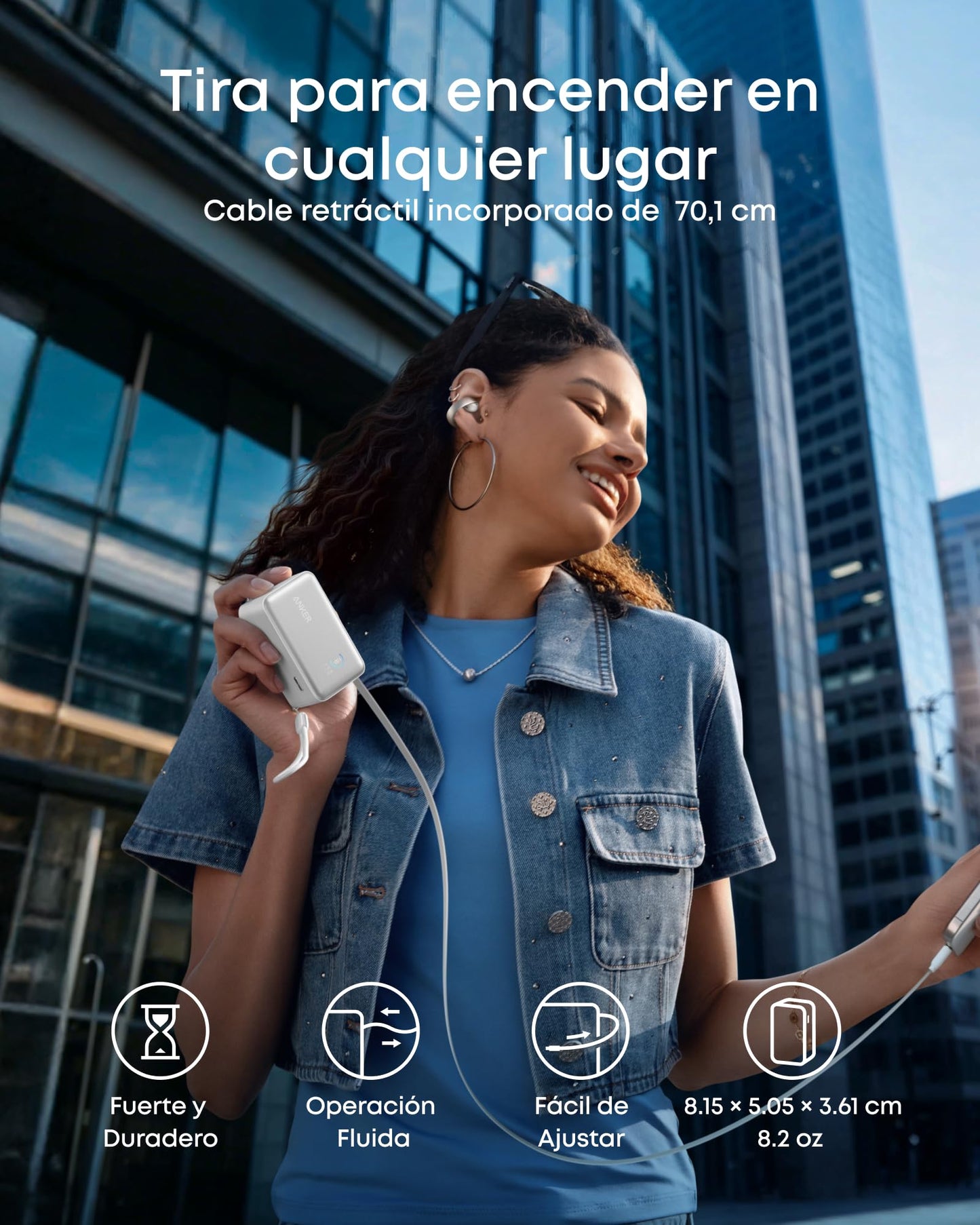 Cargador Portátil Anker Nano Negro con Cable Retráctil de 10.000mAh y Pantalla Inteligente Compatible con iPhone, iPad, Galaxy y Pixel