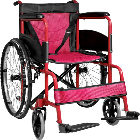 Silla de Ruedas NANOFORT Roja Aluminio Ligera Resistente para Adultos con Confort Máximo y Freno de Palanca