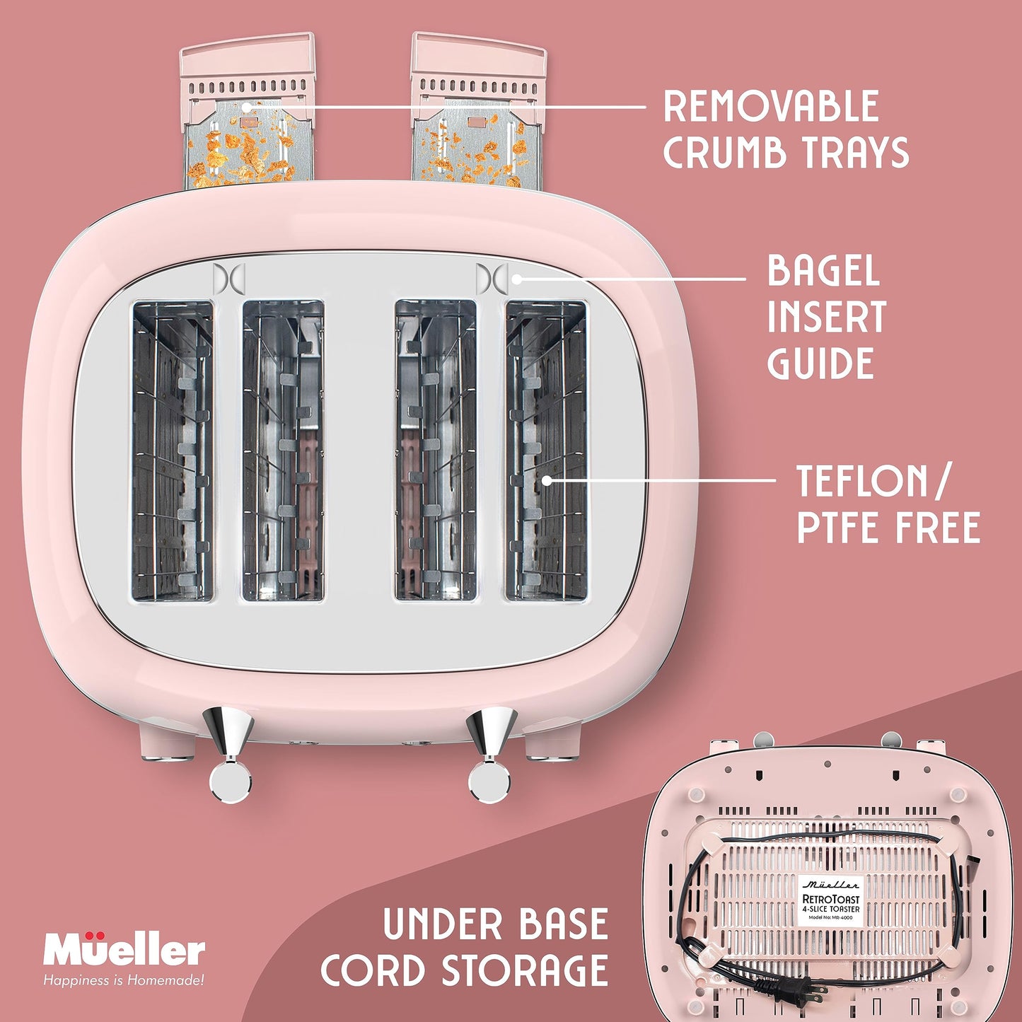 Mueller Retro Toaster 4 Slice with Extra Wide Slots Bagel, Defrost, Reheat, Cancel Function, 6 Browning Levels, Dual Independent Control Panel, Removable Crumb Tray and High Lift Lever, Pink