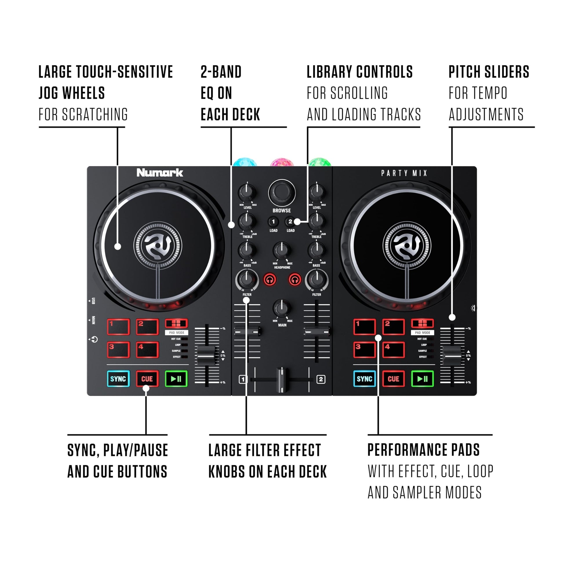 Controlador DJ Numark Party Mix II Luces Integradas para Serato DJ Lite y Algoriddim djay Pro AI