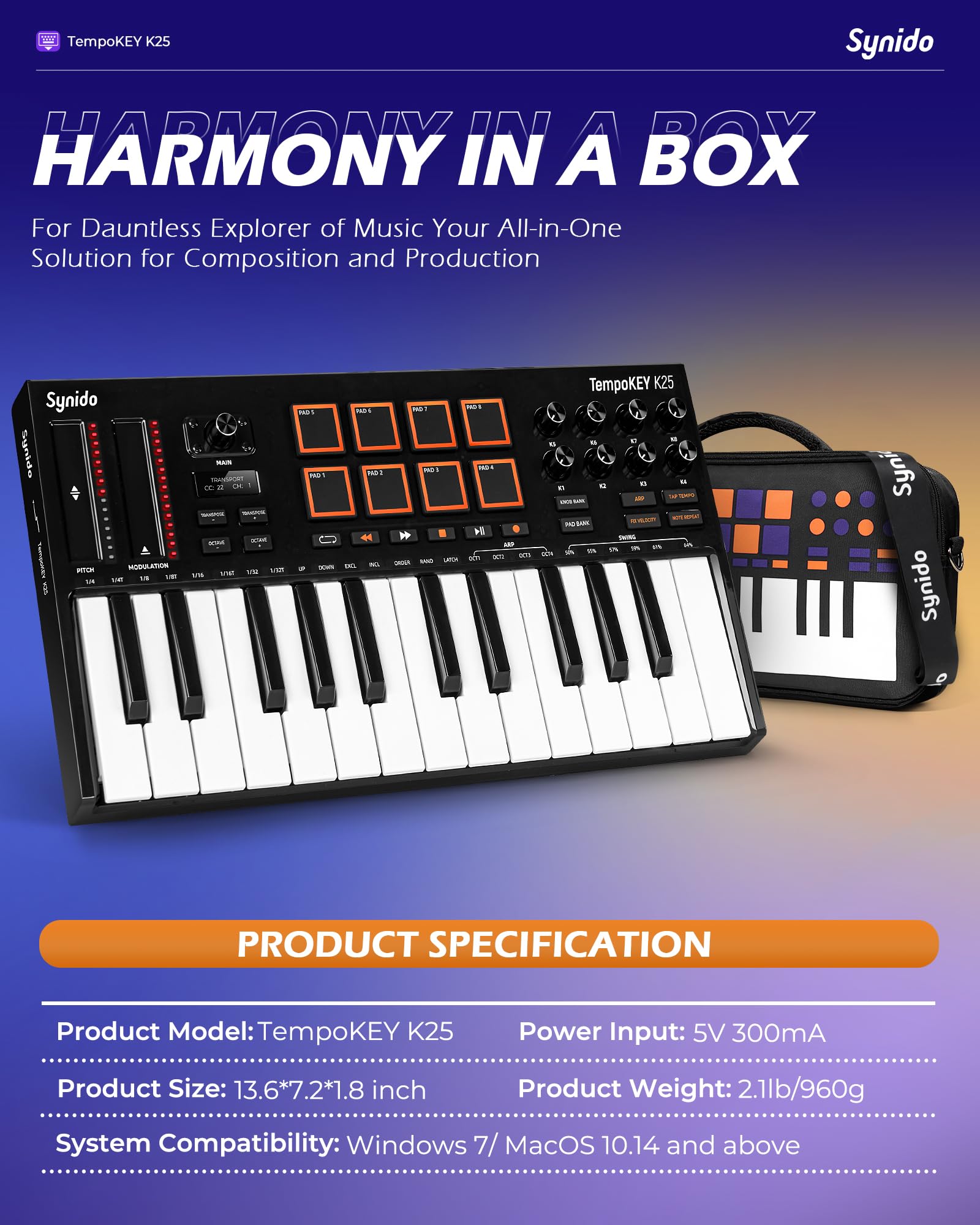 Teclado MIDI USB Synido Negro con Visualización OLED y Almohadillas de Tambor para Producción de Música