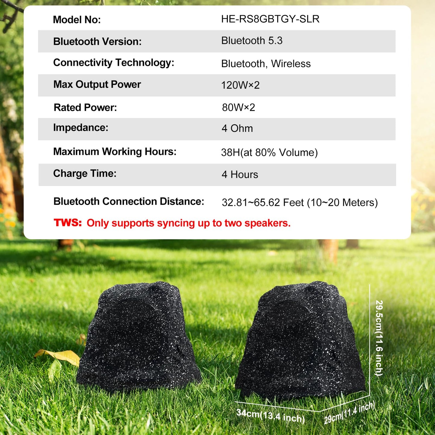 Herdio - Bocinas de roca Bluetooth de 8" para exteriores, resistentes al agua IPX7, inalámbricas, solares, potencia máxima de 240 vatios, conexión TWS, alimentadas con batería recargable para jardín
