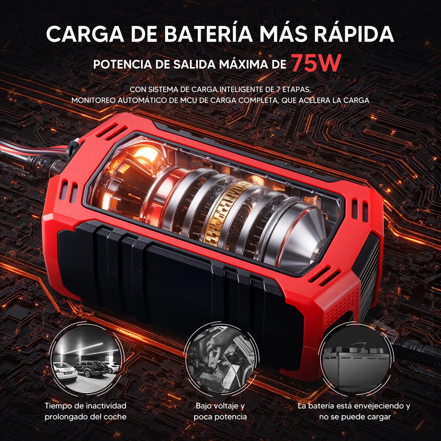 HUSEYTA Cargador de Bateria de Auto 12V 6A,Adecuado para Coches, Motos y SUV,con LCD Pantalla Pantalla,Múltiples Protecciones, Regulación de Corriente Inteligente para Cargar y Proteger la batería.