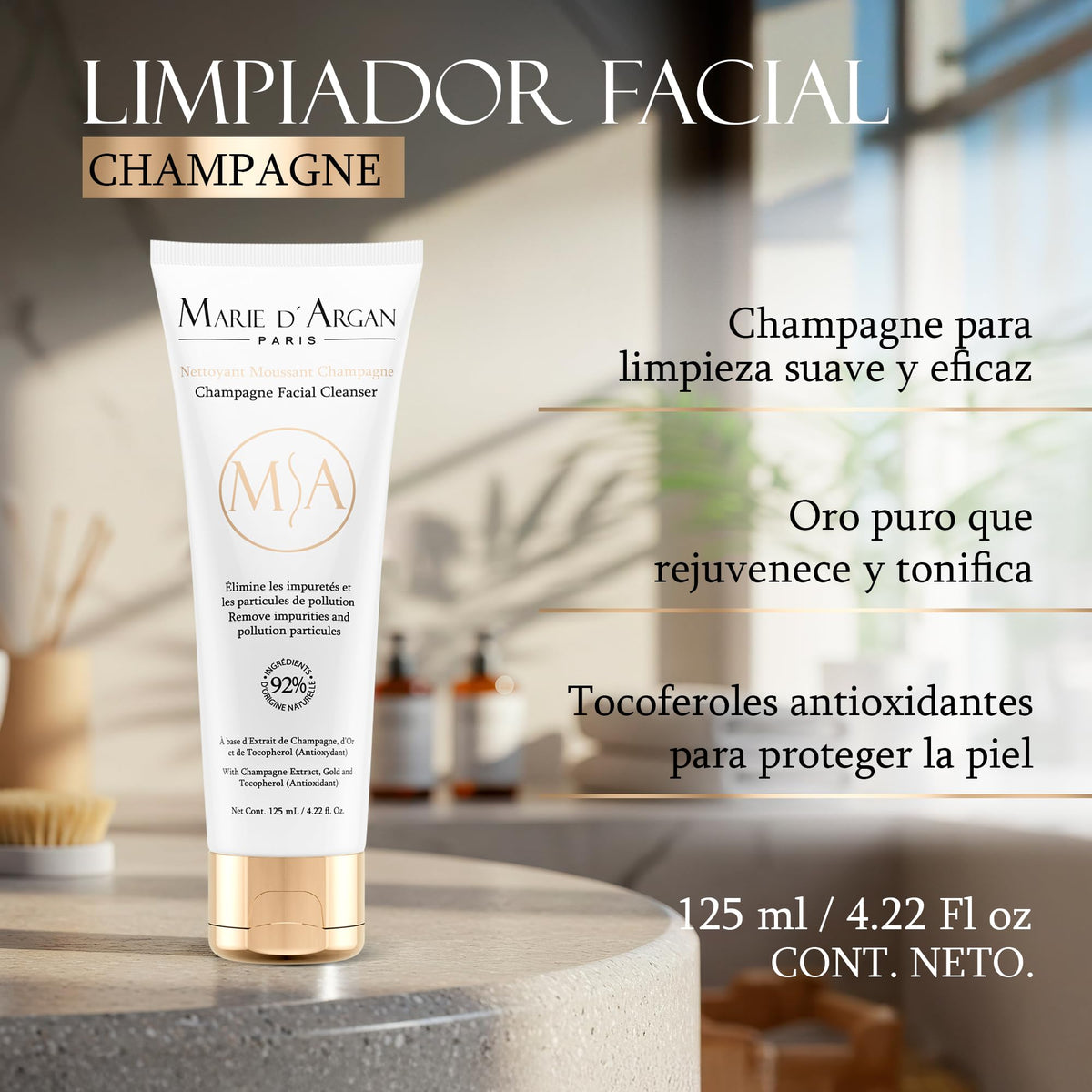 Marie D’Argan Limpiador Facial Champagne Con Oro Coloidal Y Vitamina E 125 ml, Limpieza Profunda, Control De Grasa, Ilumina Y Renueva, Sin Parabenos, Para Piel Normal, Mixta Y Grasa