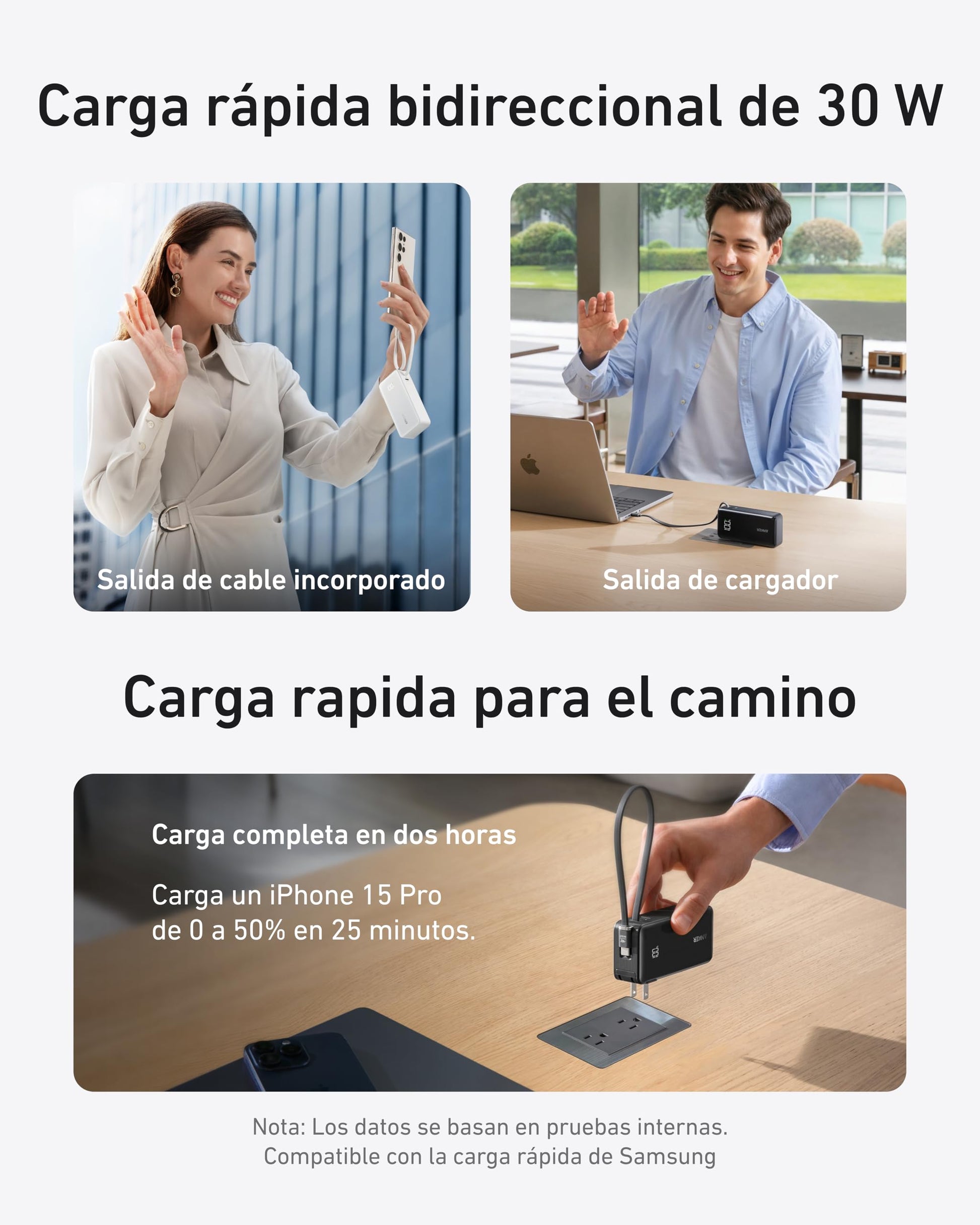 Cargador Portátil Anker 3-en-1 USB C Negro de 10,000mAh con Cable Integrado y Enchufe Plegable para iPhone 15 Series, Samsung Galaxy, MacBook