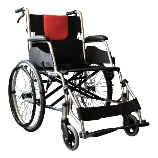 INFINITY | Silla De Ruedas Todo Terreno De Aluminio Con Respaldo Plegable y Doble Sistema de Frenado (Negro-Rojo)