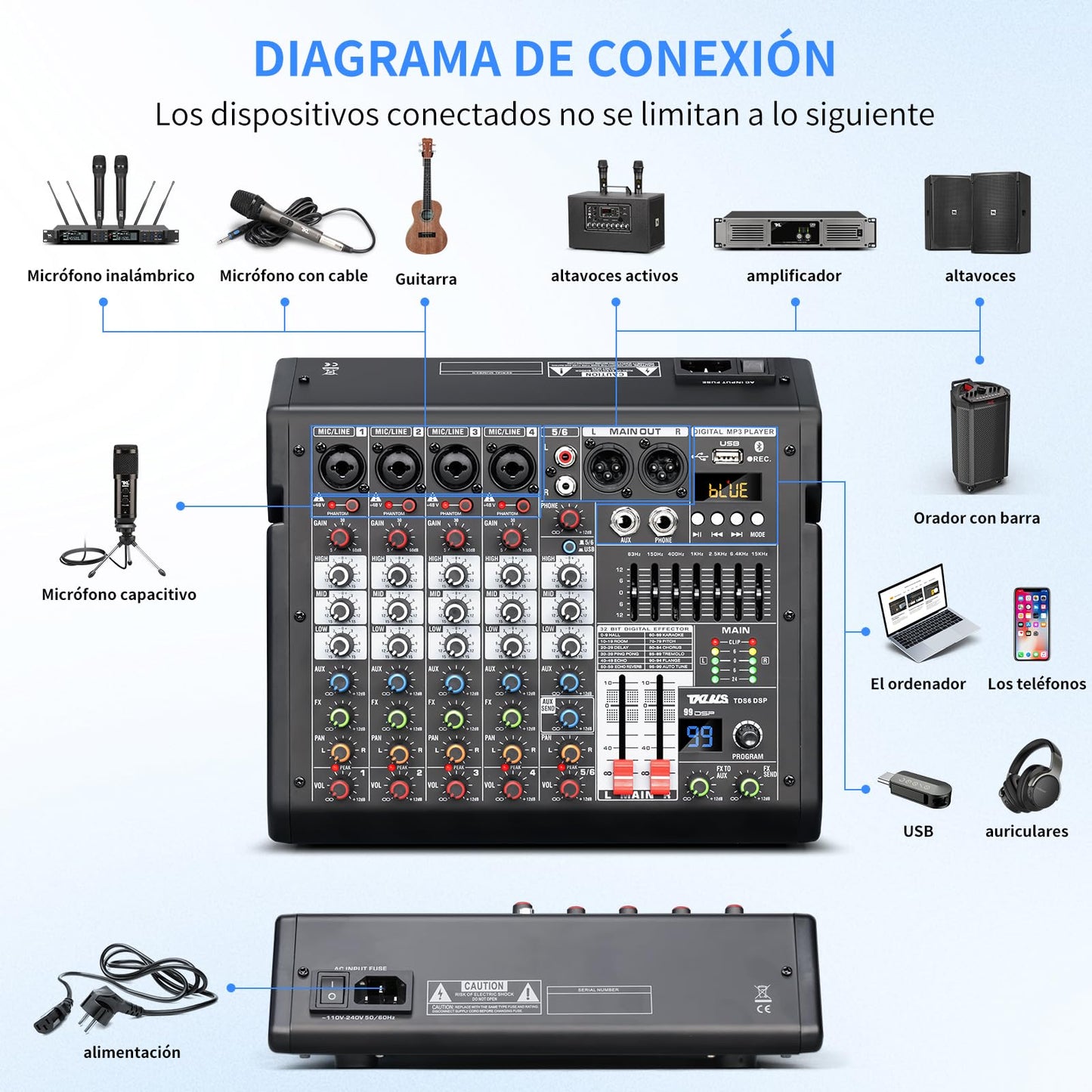 Mezclador de Audio Profesional TKLBLS Mezcla 6 Canales USB DSP Estéreo Phantom Power 48 V