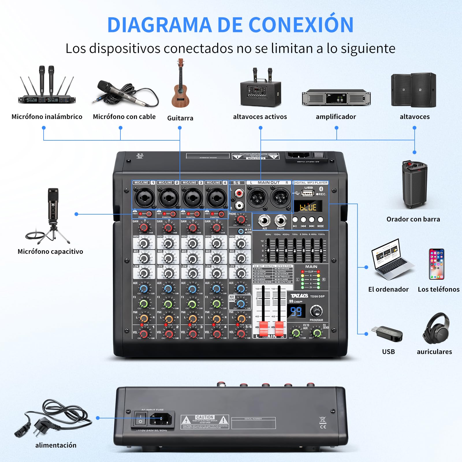 Mezclador de Audio Profesional TKLBLS Mezcla 6 Canales USB DSP Estéreo Phantom Power 48 V