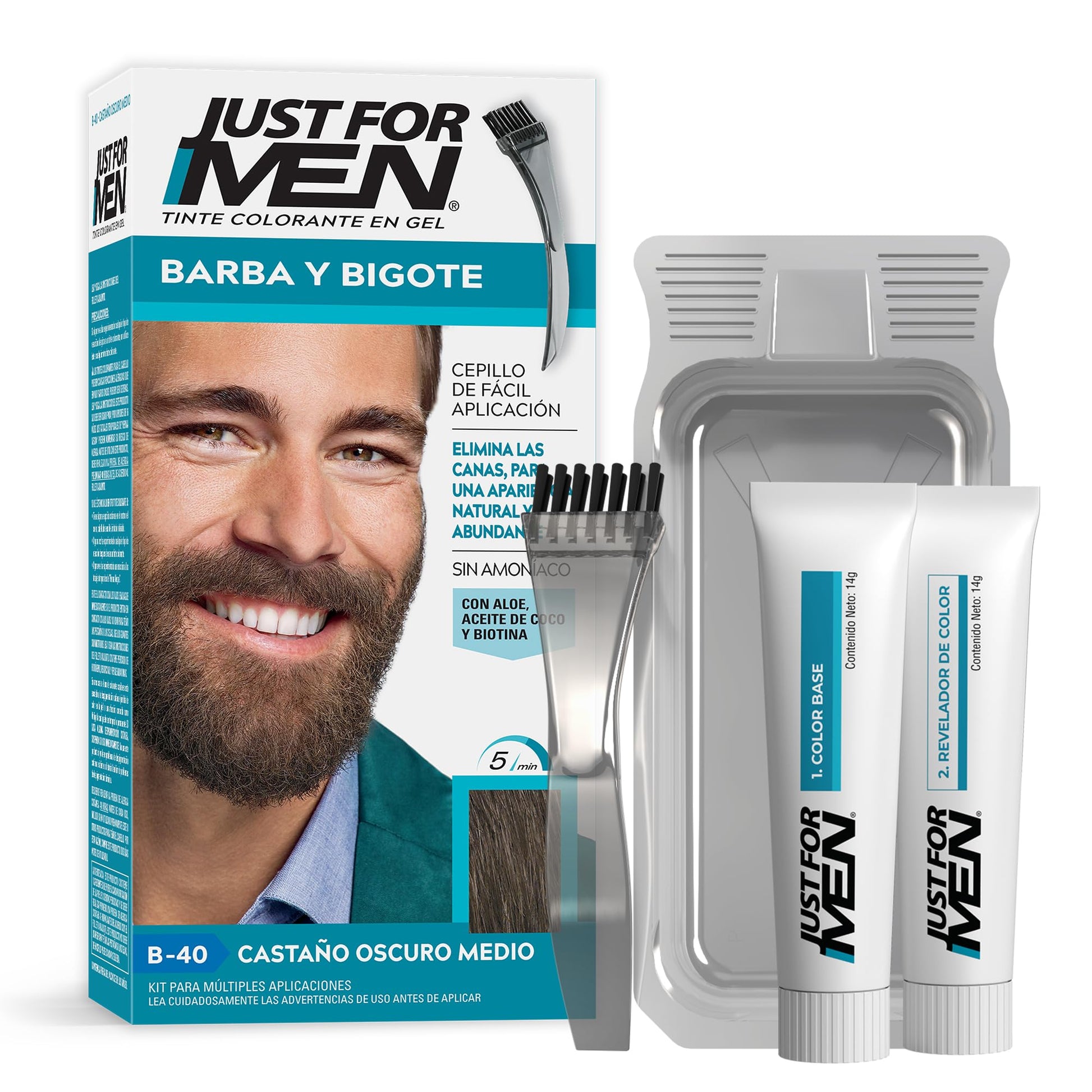 Just For Men Tinte Colorante en Gel para Barba y Bigote,Castaño Oscuro Medio B40,Sin Amoníaco, Con Cepillo De Fácil Aplicación, 66ml