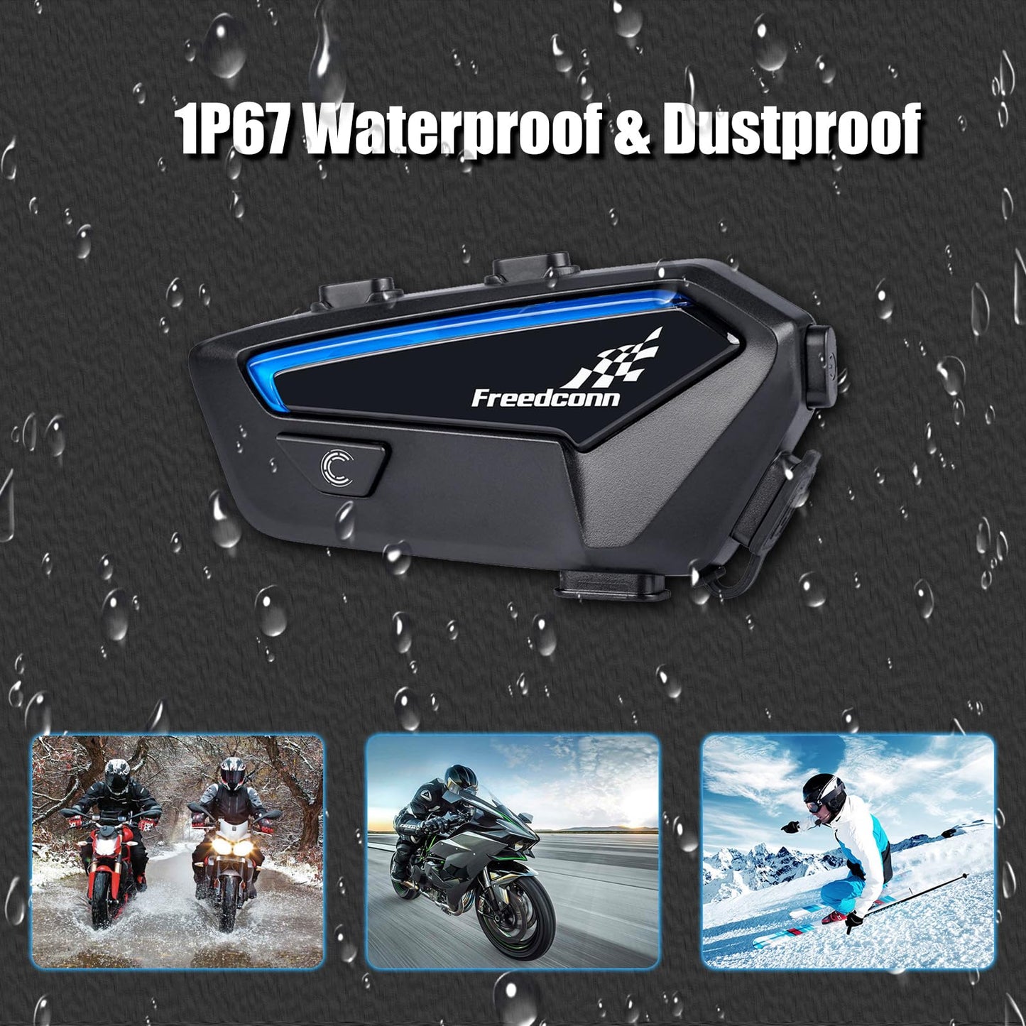 FreedConn - Juego de 2 auriculares Bluetooth para motocicleta con intercomunicador, IP67, impermeable, 1100 mAh (negro)