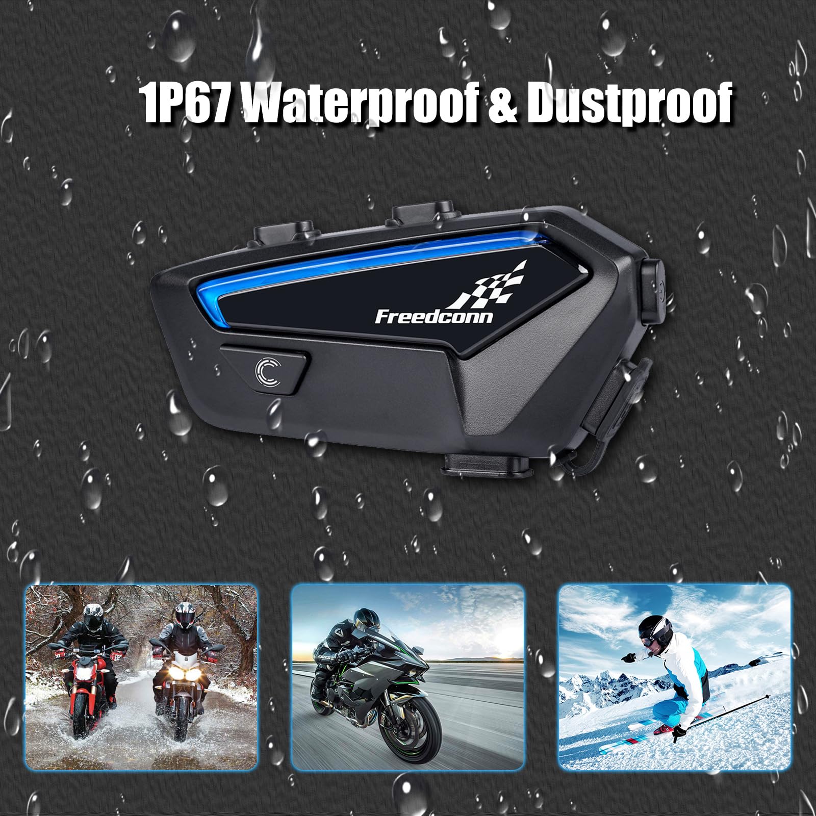 FreedConn - Juego de 2 auriculares Bluetooth para motocicleta con intercomunicador, IP67, impermeable, 1100 mAh (negro)