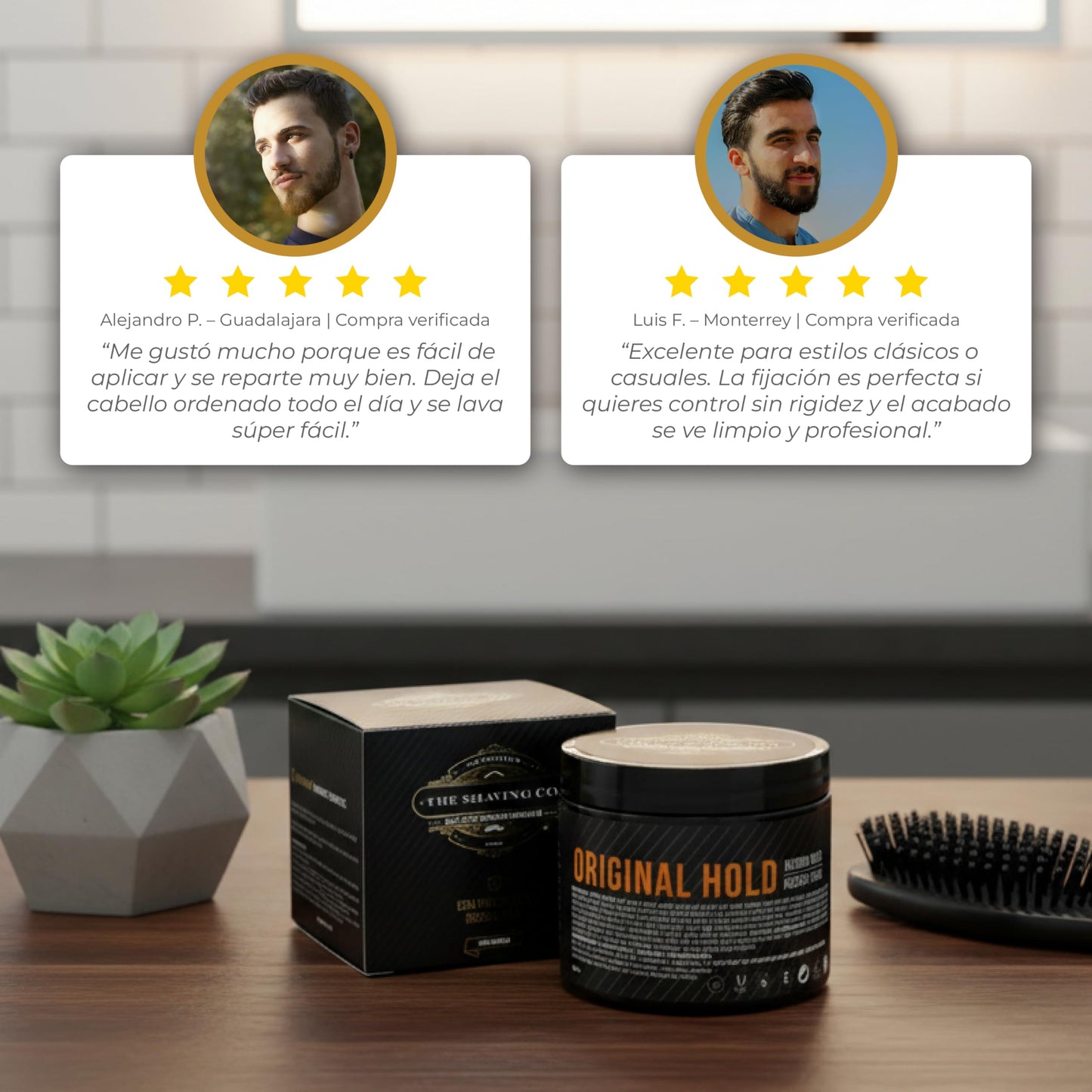 ORIGINAL HOLD POMADE The Shaving Co. Cera para el cabello base agua. Original Hold Pomade. FIJACIÓN MEDIA - BRILLO MEDIO. Libre de Parabenos - Libre de Sulfatos - Cruelty Free - Contiene VITAMINA B5 y E. Medium Hold Medium Shine. Pomada para cabello. Hair