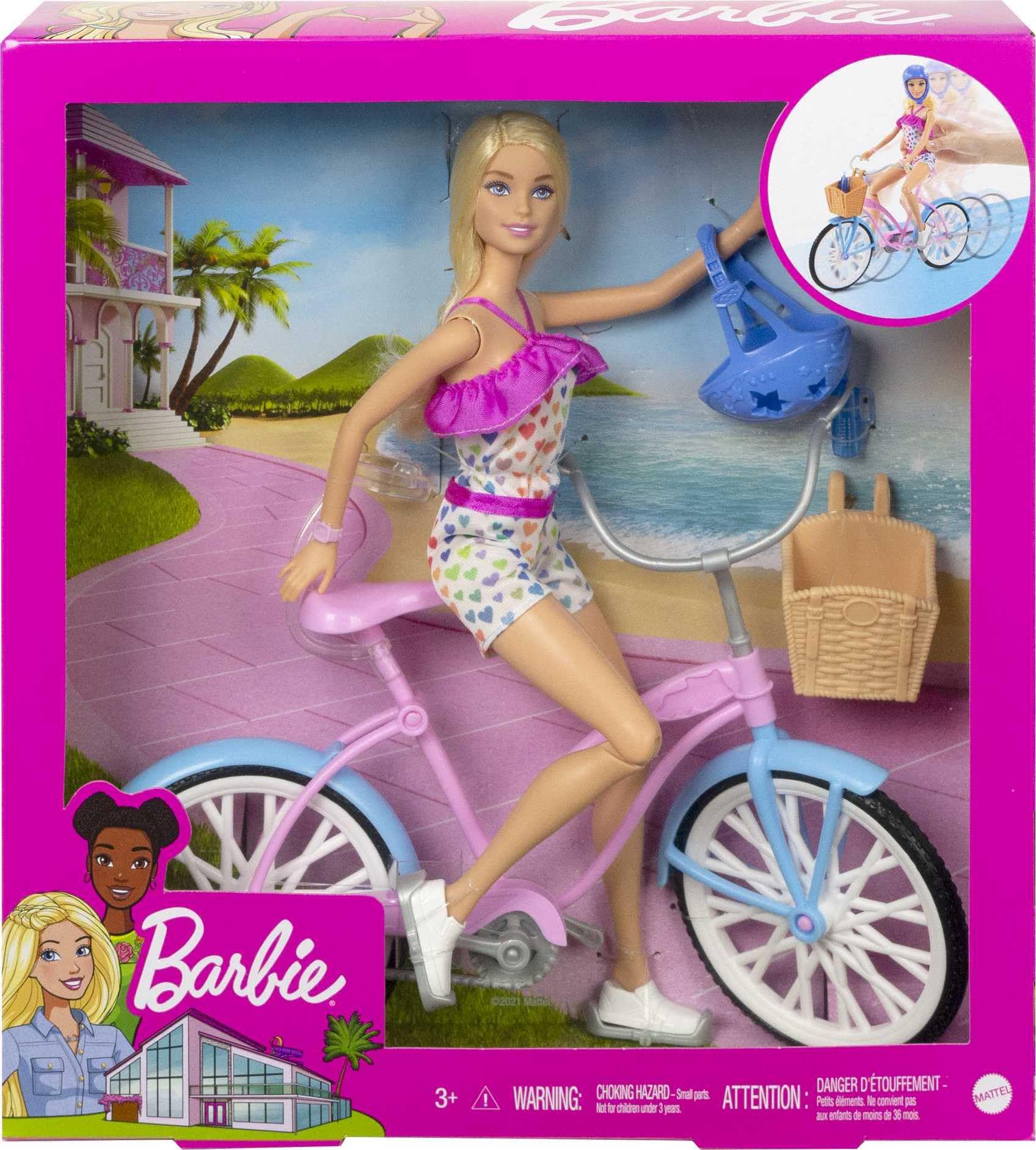 Barbie, Set de Juego, Bicicleta con Muñeca, para Niñas de 3 Años en Adelante, Mattel, Diseño Rosa y Azul, Canasta de Dulces, Caderas, Brazos y Rodillas se doblan