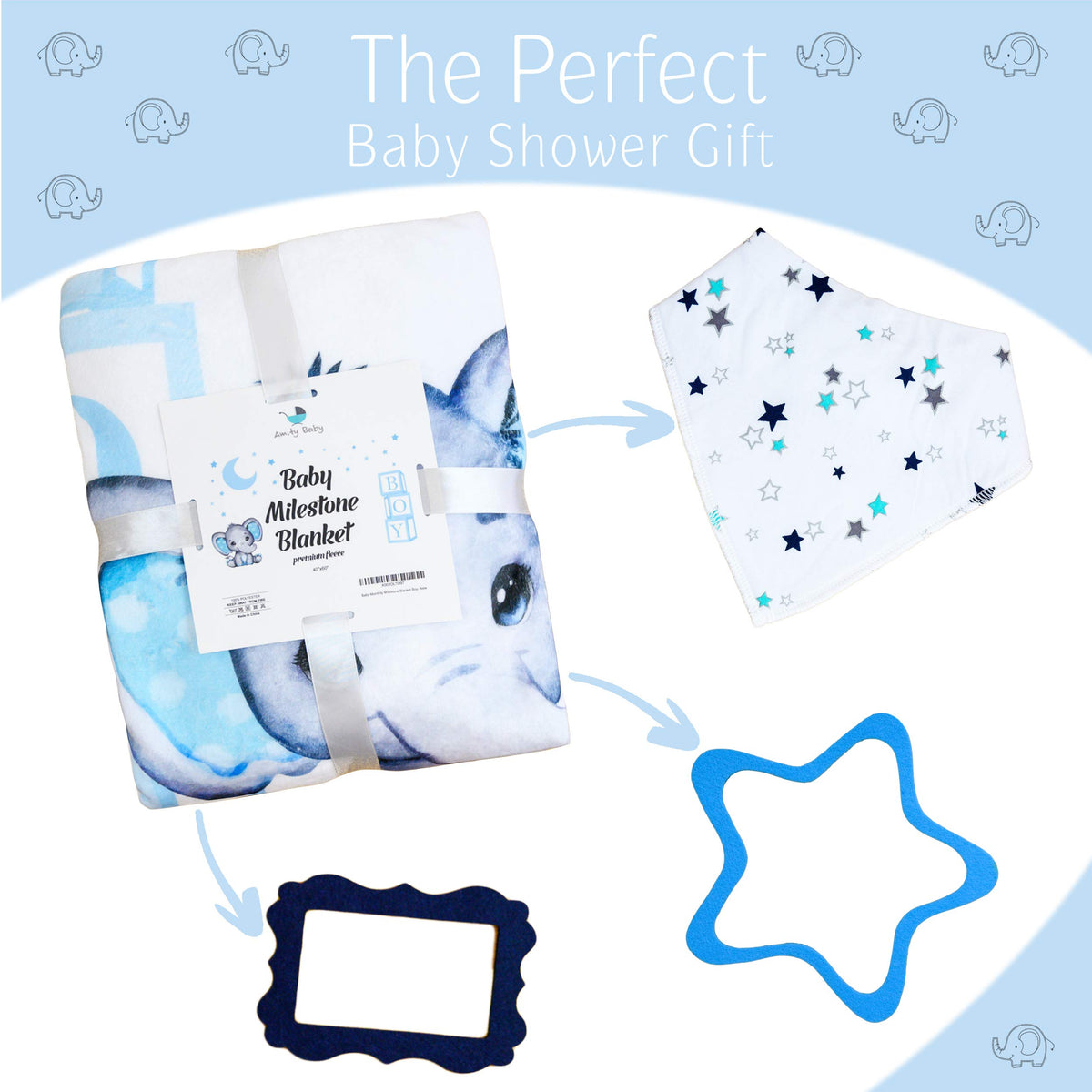 Baby Monthly Milestone Blanket Boy - Premium Extra Soft Fleece Blanket for Baby Shower - Newborn Month Milestone Blanket for Baby Boy Nursery Decor - Capture Baby Growth - with Baby Bib + 2 Frames