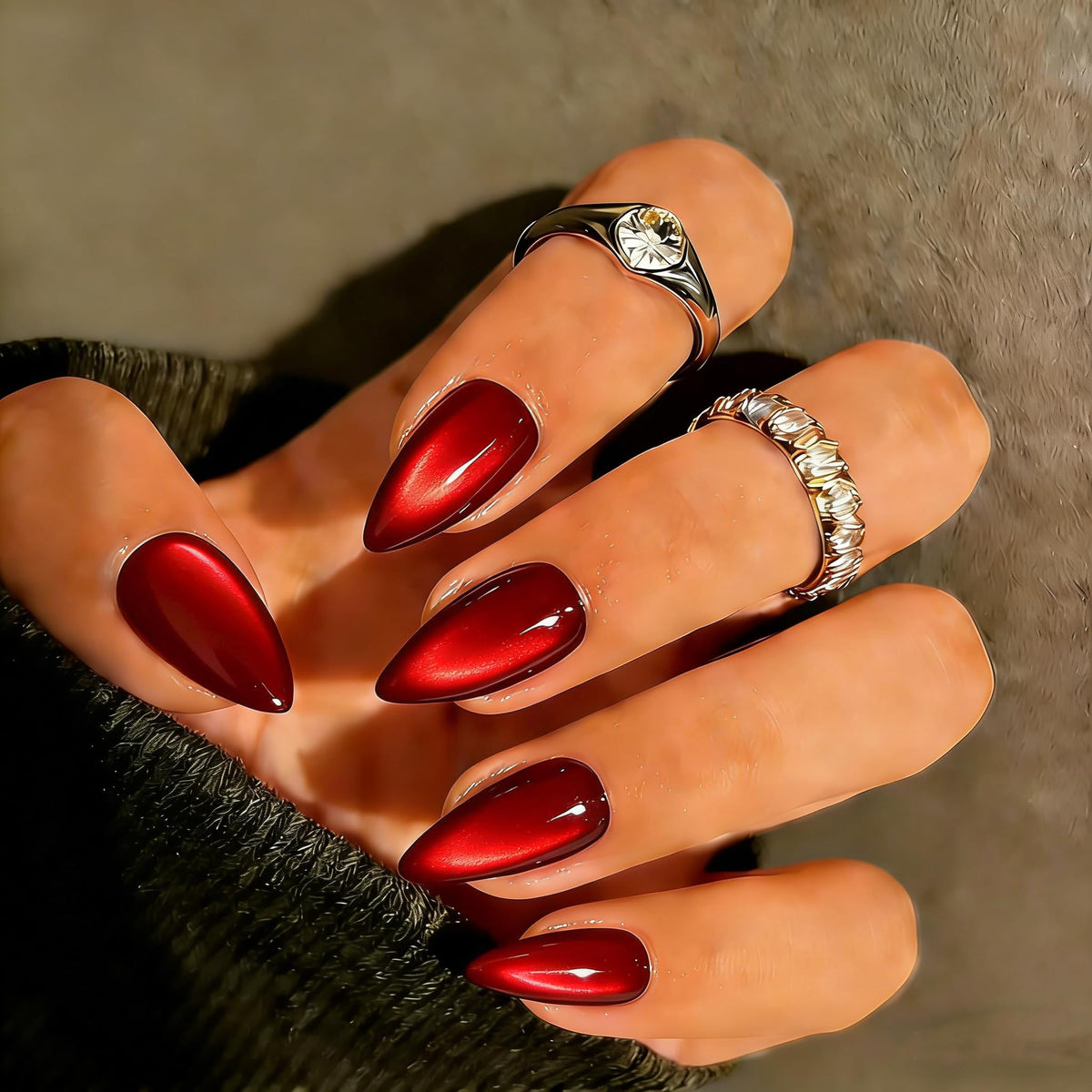 SXVME Uñas postizas Cat Eye en color almendra, hechas a mano, de grosor medio, en cromo burdeos y rojo, para mujer, para fiestas de cumpleaños, reutilizables, con purpurina esmaltada, 15 tamaños, 30 u