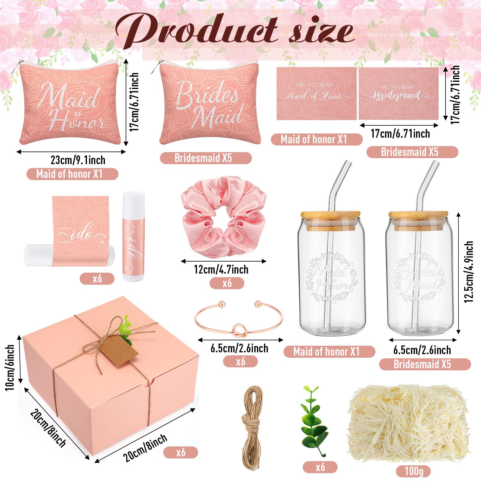 FillTouch - 42 piezas de regalo para dama de honor, regalos de despedida de soltera, incluye caja de regalo, vasos de vidrio, bolsas de maquillaje para cosméticos, tarjetas invitadas, bálsamo labial,