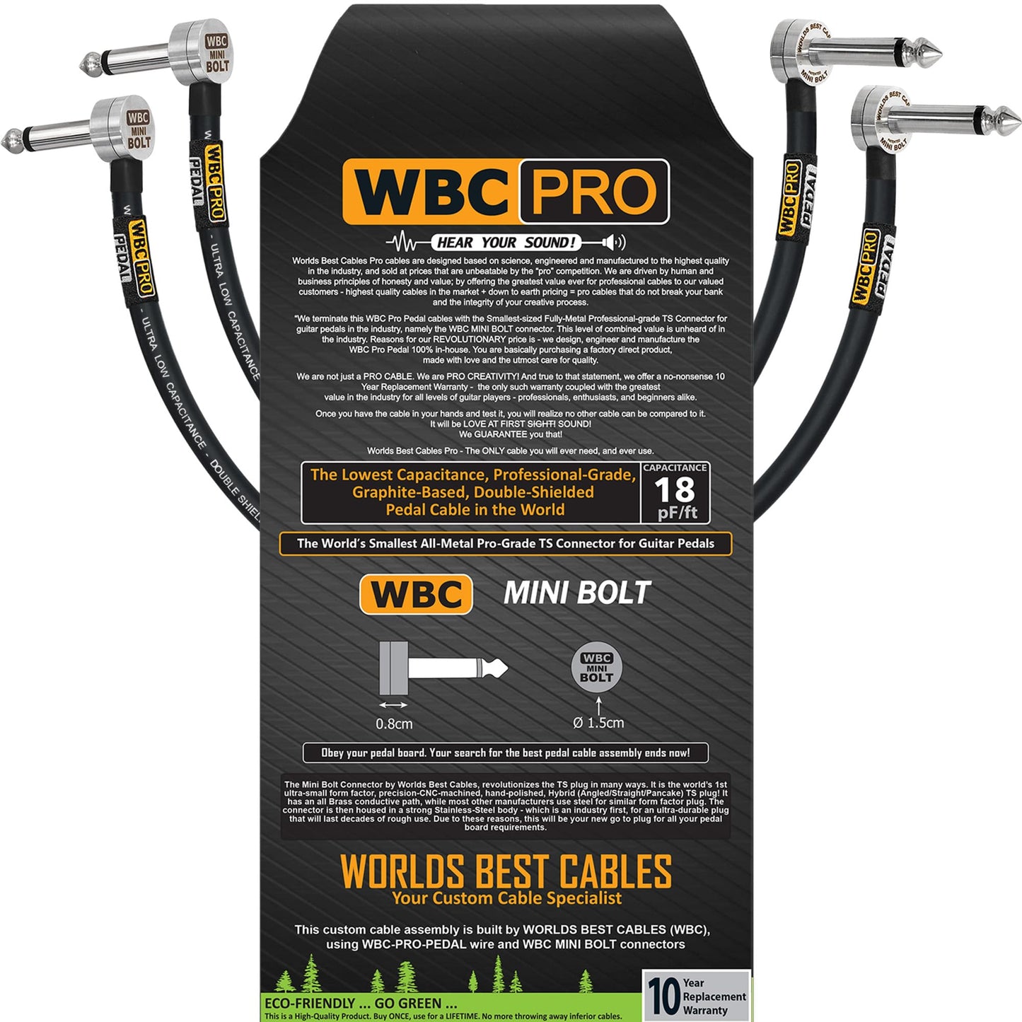2 cables - 15 pulgadas (38 cm) - WBC-PRO-PEDAL – 22 AWG – Baja capacitancia (18pF/pie) – Grado profesional – A base de grafito – Cable de pedal, efectos, parche, instrumento, con conectores TS de