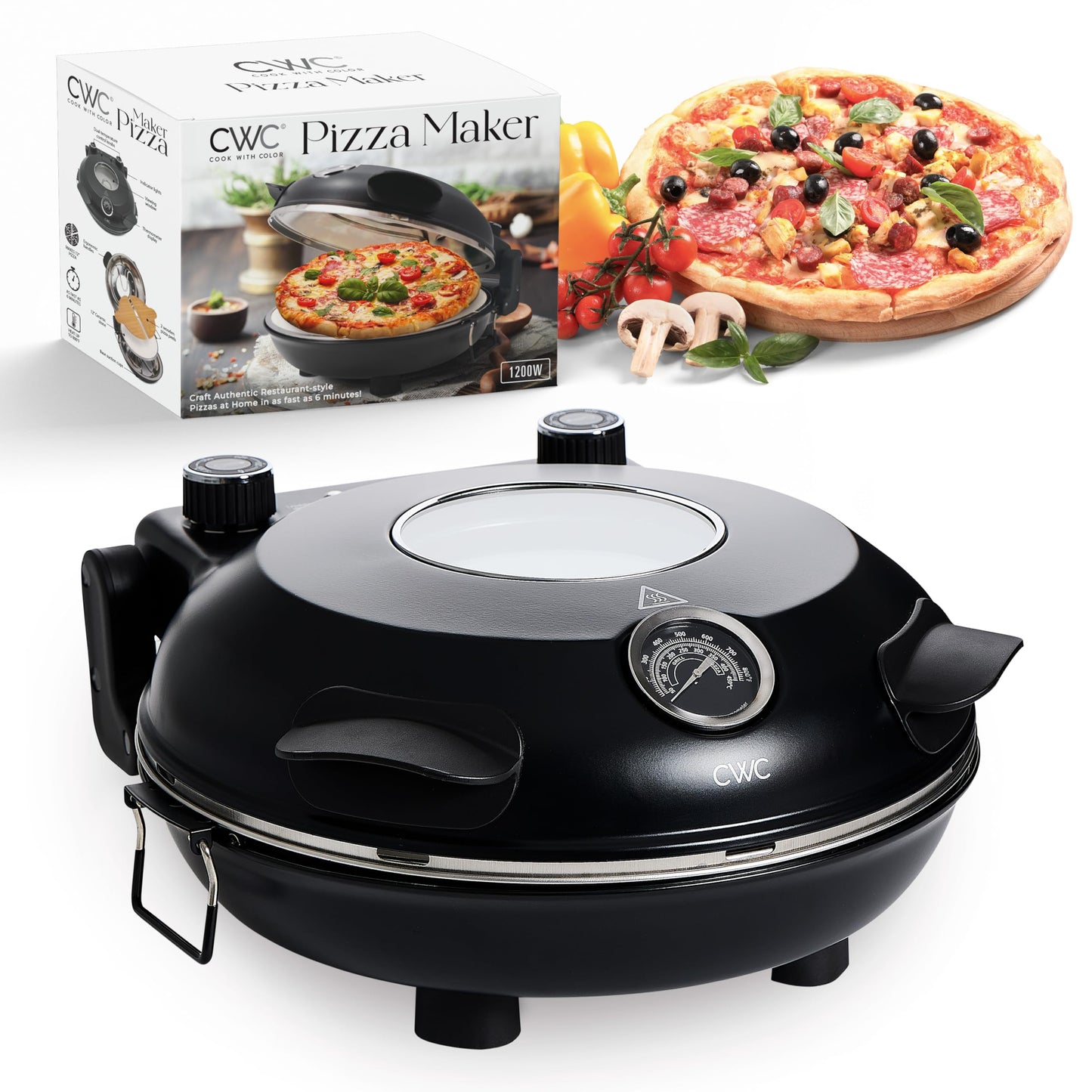 Cook With Color Horno eléctrico de pizza para interiores – Pizzera crujiente, calienta hasta 1000 °F, piedra de cerámica de 12 pulgadas, doble control de temperatura, cáscara de bambú incluida, negro
