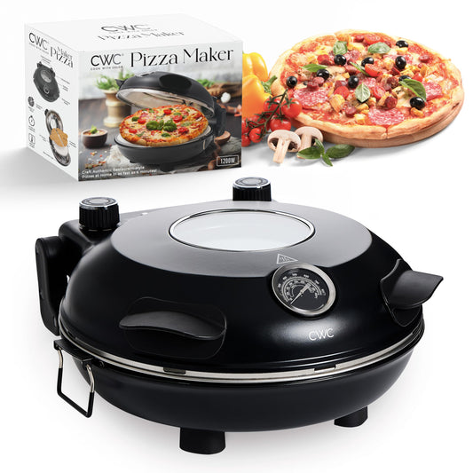 Cook With Color Horno eléctrico de pizza para interiores – Pizzera crujiente, calienta hasta 1000 °F, piedra de cerámica de 12 pulgadas, doble control de temperatura, cáscara de bambú incluida, negro