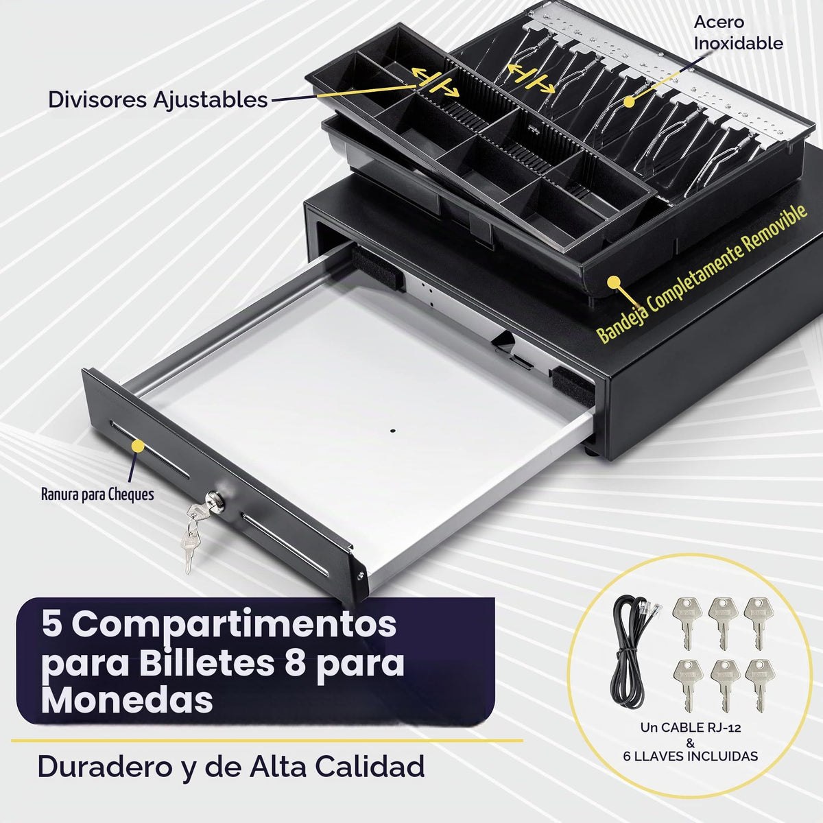 Cajón Registradora Volcora Negro con Bandeja Extraíble de 2 Niveles para POS