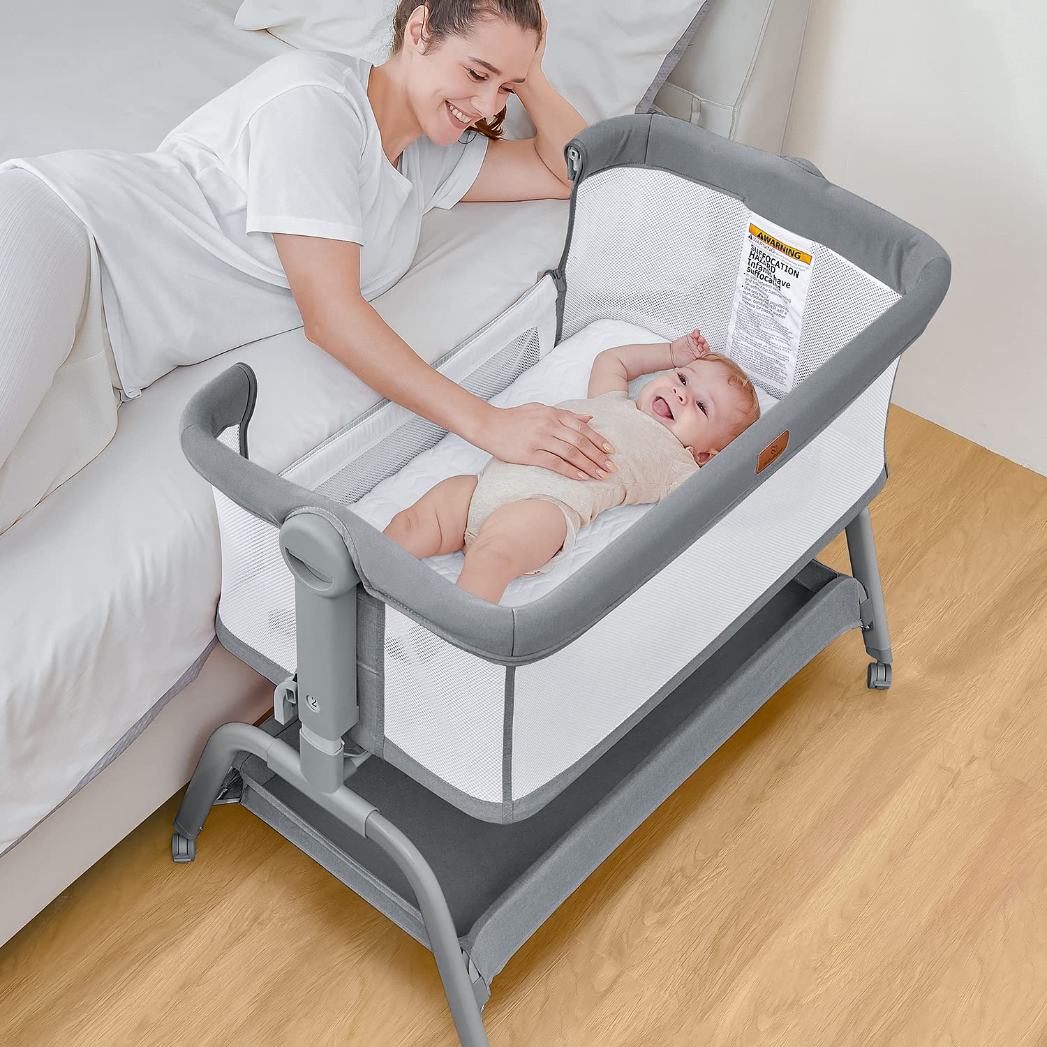 BabyBond - Cuna de noche, colchón y sábana, malla de 4 lados, color gris