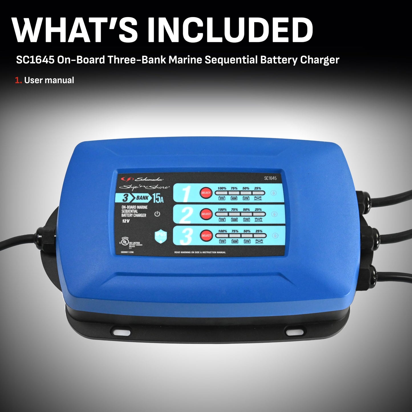 Schumacher Electric Ship 'n Shore Cargador de batería Marino de Tres Bancos, SC1645, 2 en 1, Completamente automático, Carga secuencial, Resistente al Agua, 15 amperios, 12 V, para baterías de Coche,