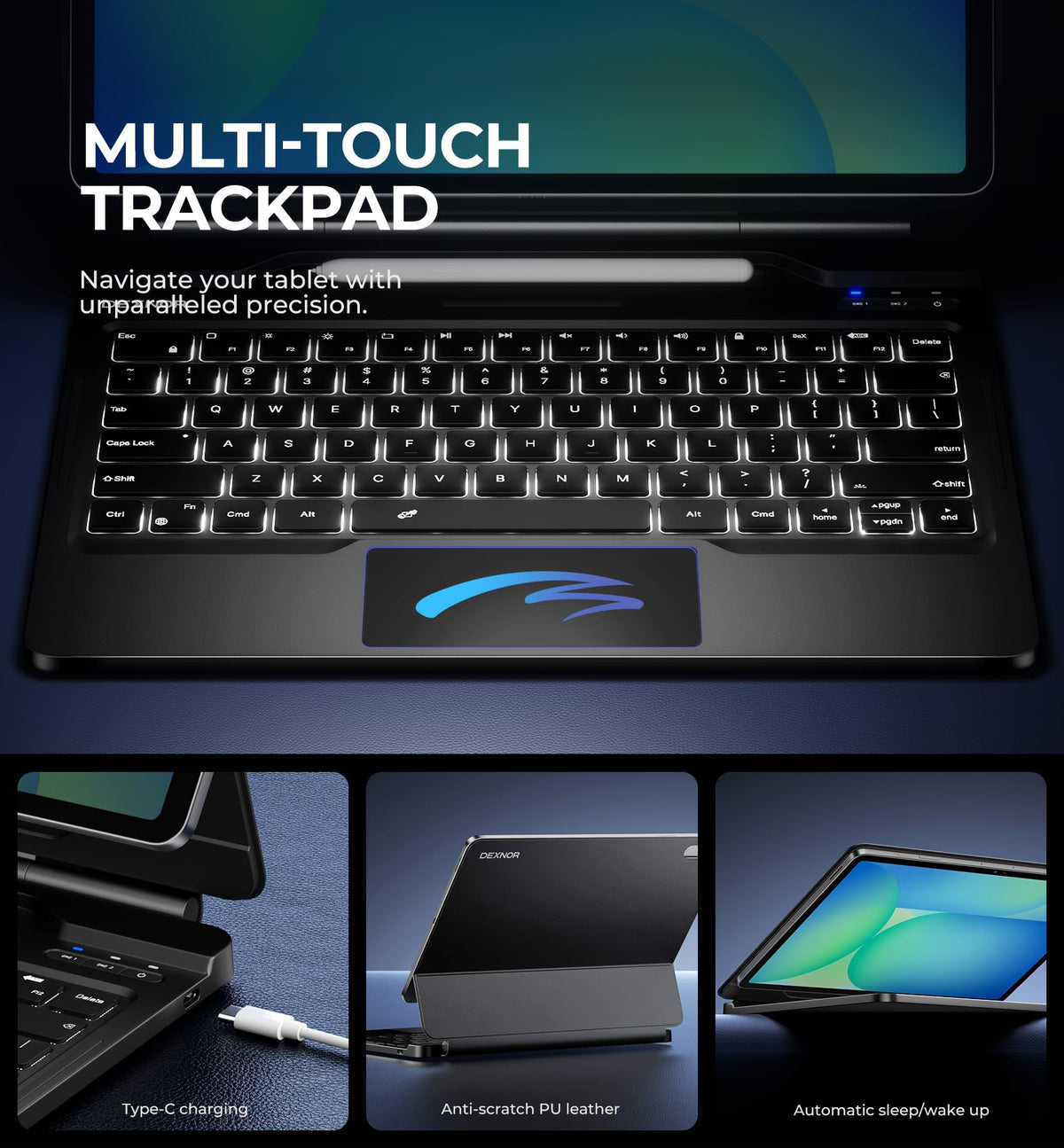 Funda con Teclado Samsung Galaxy Tab S10 FE+ Negro Dexnor Multitáctil con Soporte Magnético Flotante Retroiluminado