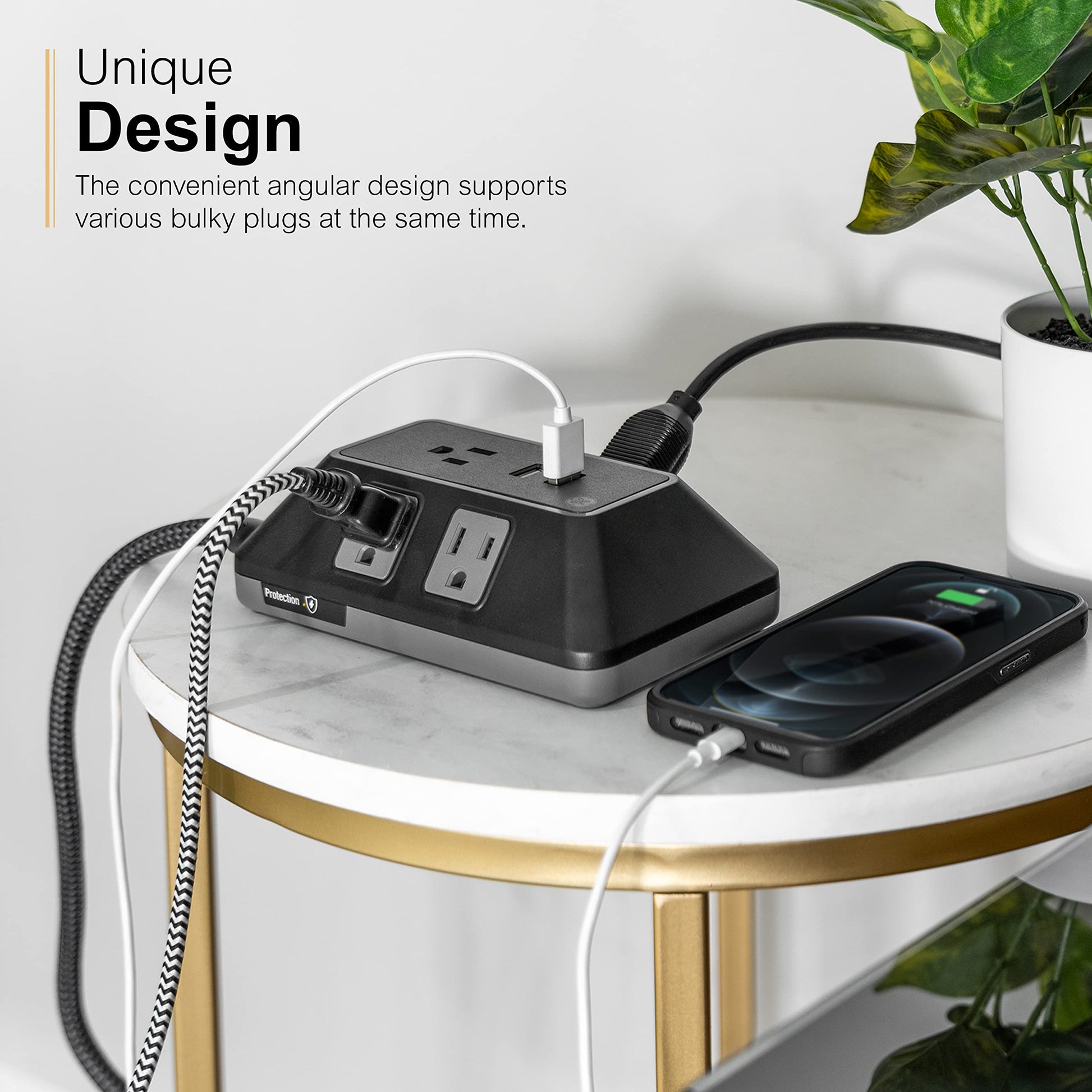 GE UltraPro Adapt Protector de sobretensiones de 5 Salidas con Puertos USB, 2 Puertos USB-A, 2.4A, Cable Trenzado de 3 pies, Protector de sobretensiones de 1780 Julios, Negro, 73777