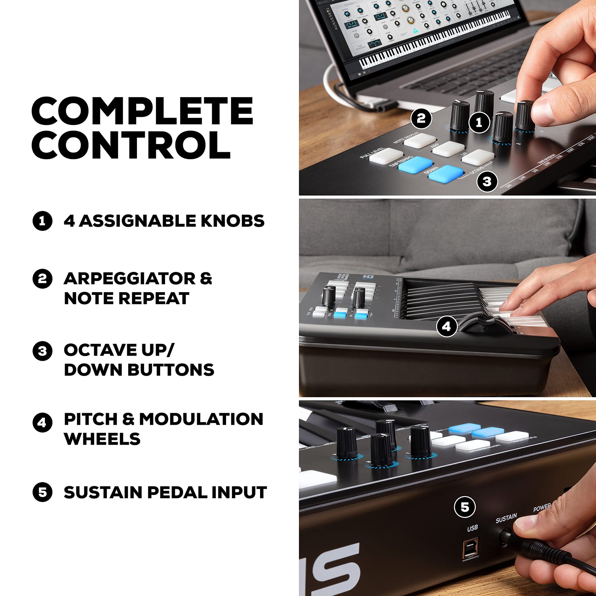 Alesis V25 MKII - Teclado Controlador MIDI USB, 25 teclas sensibles a la velocidad, 8 Pads con Full Level, Arpegiador, Rueda Pitch/Mod, Note Repeat y Suite de software