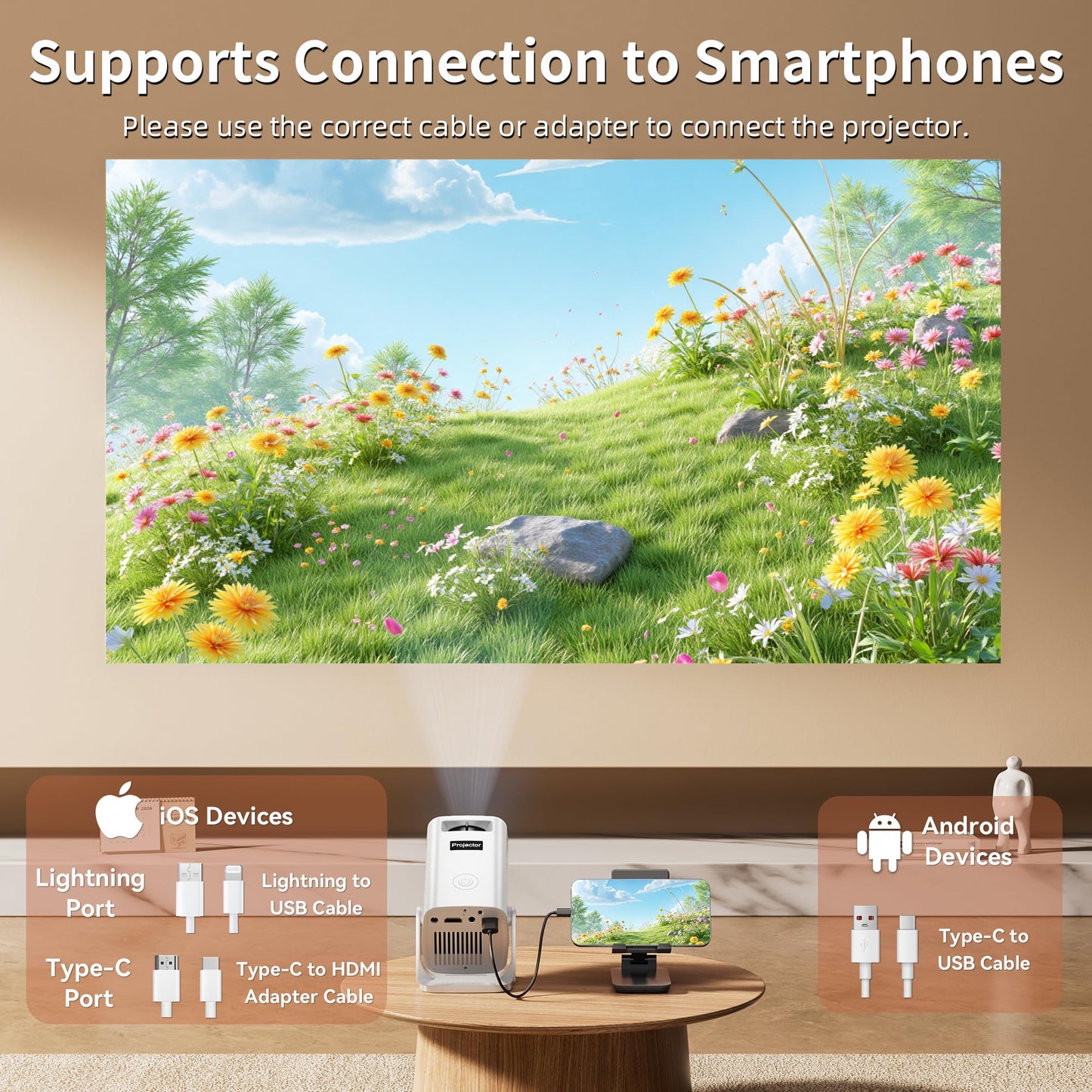 Sainyer Mini Proyector Portátil 4K y Full HD 1080P, Proyector de Rotación de 270°, Compatible con Smartphone, TV Stick, PS4, HDMI, USB (Sin WiFi o Bluetooth), Color Marfil