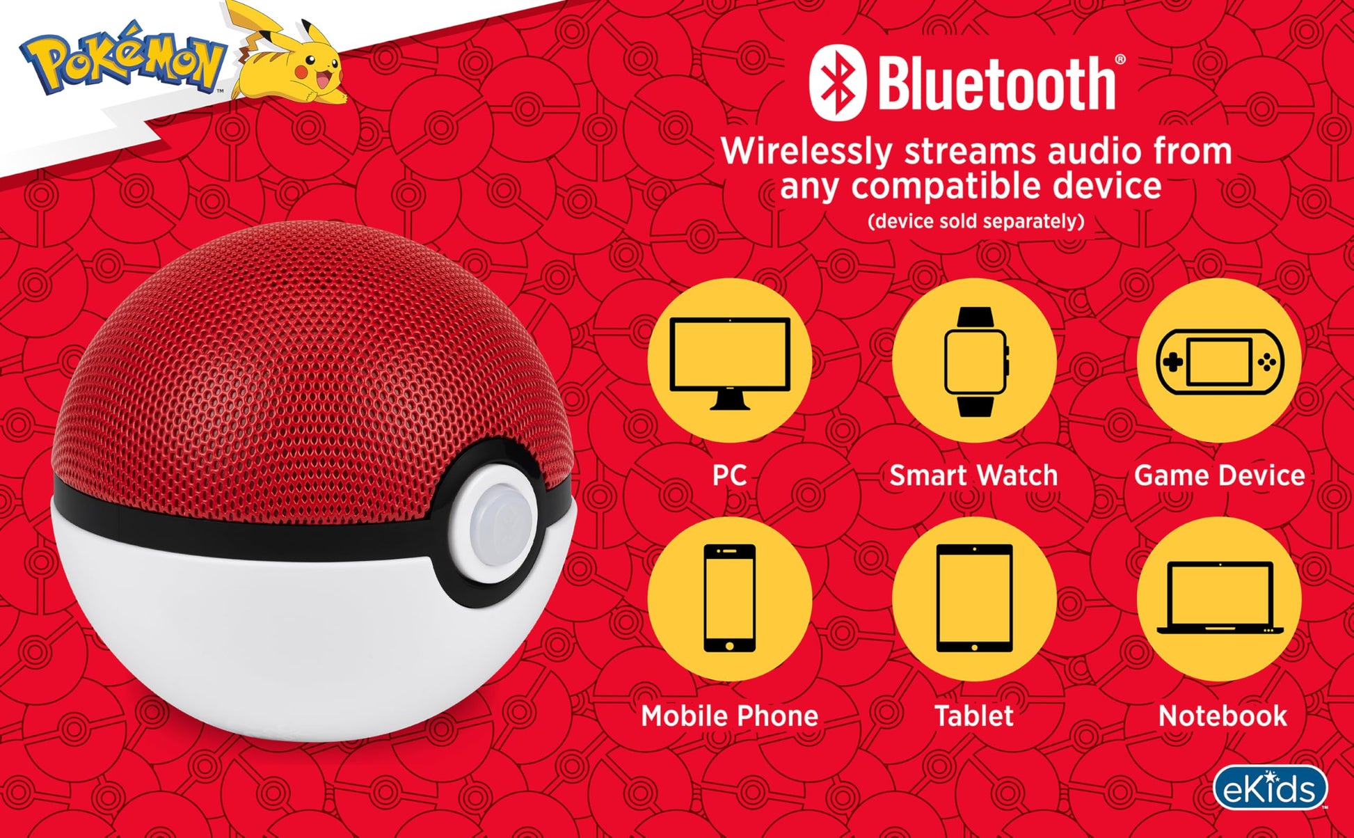eKids - Pokebola de Pokémon - Bocina inalámbrica con batería recargable y cable de carga USB-C