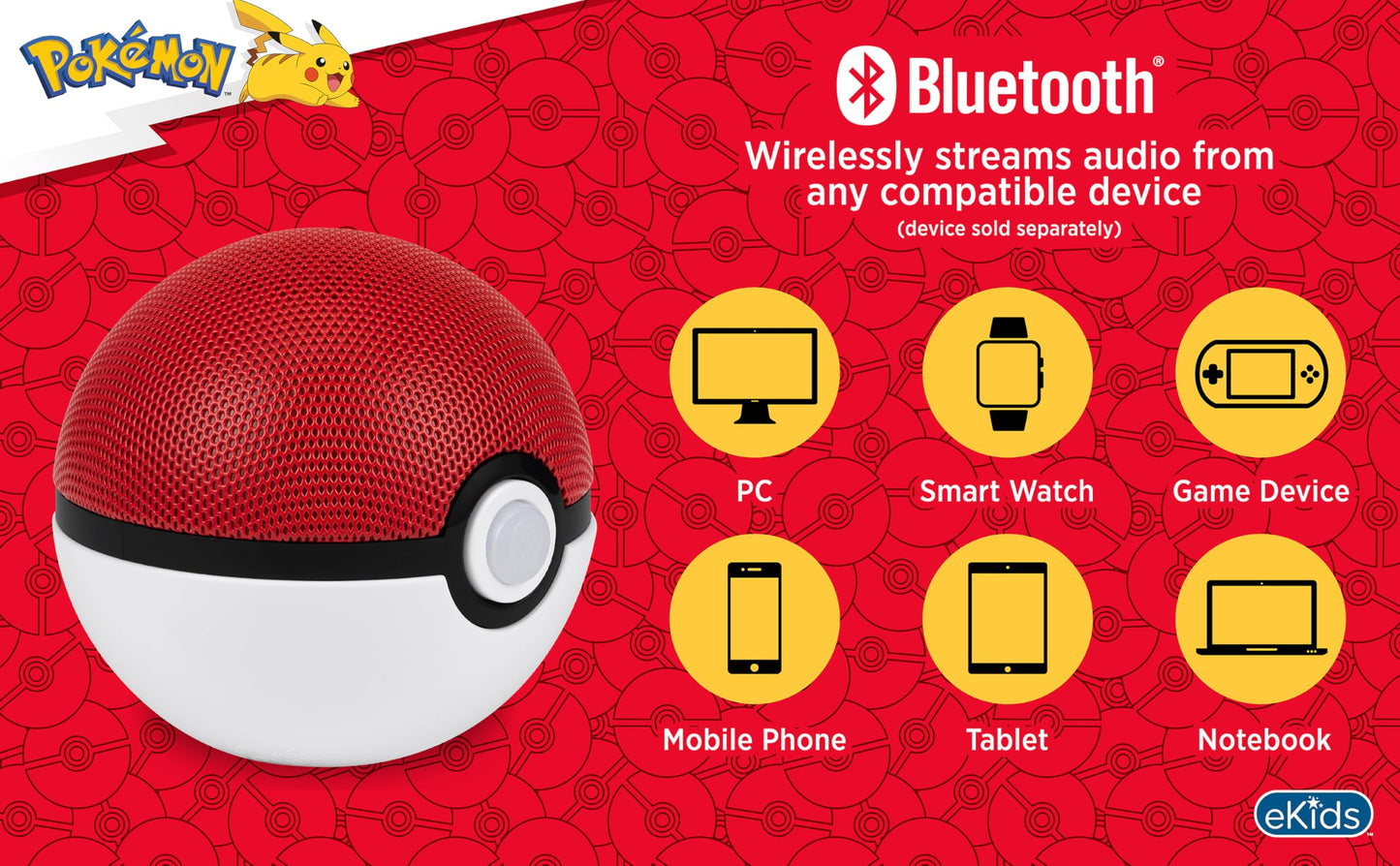 eKids - Pokebola de Pokémon - Bocina inalámbrica con batería recargable y cable de carga USB-C