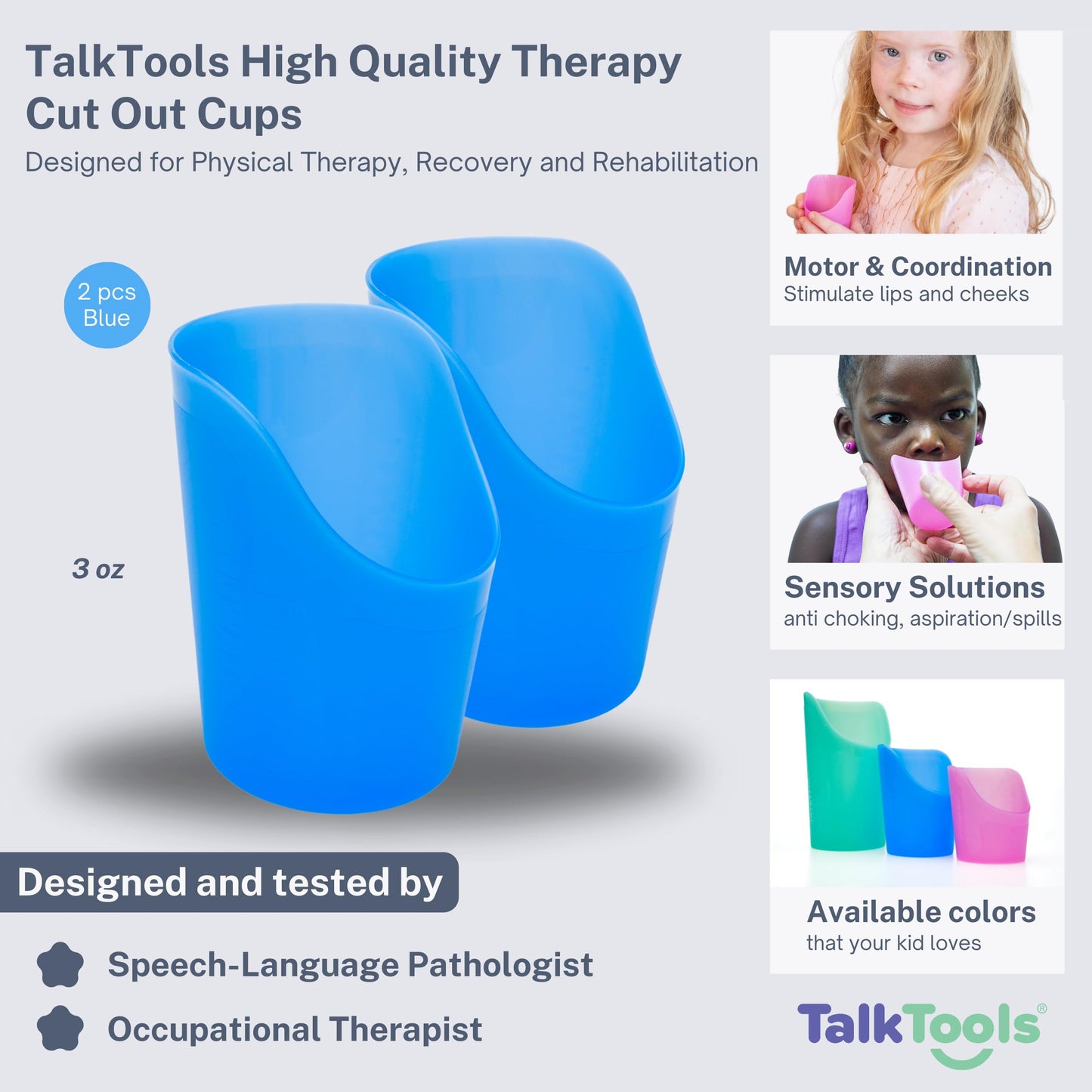 TalkTools® Copa de Terapia de Corte para Dysphagia, Oral Motor y Necesidades Especiales - Asistente de Bebida para Terapia del Habla y Soluciones de Alimentación (3 oz Azul, 2-Pack)