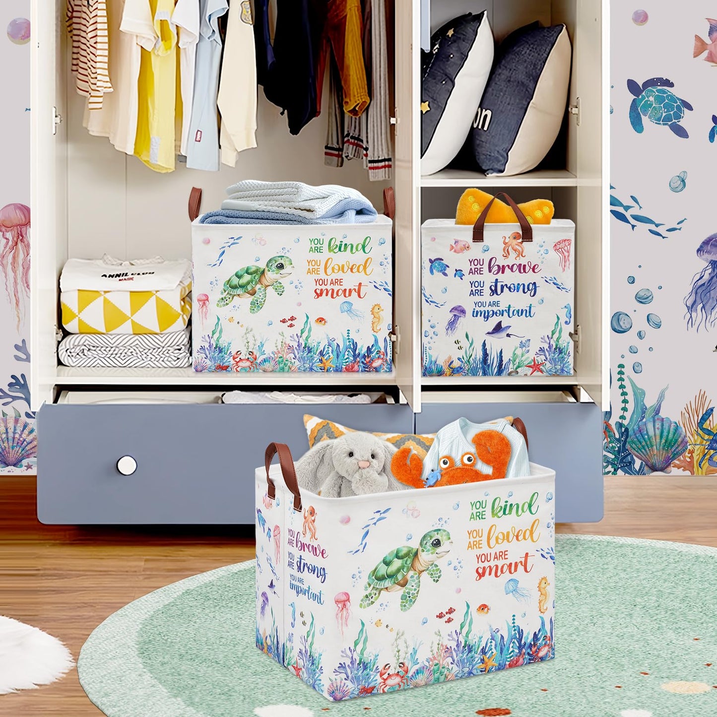 Cesta de almacenamiento de tortugas marinas, cesta vacía de regalo para bebé, cesta de regalo para guardería, cesta de lavandería rectangular para niños, cesta plegable para ropa, libro de juguetes