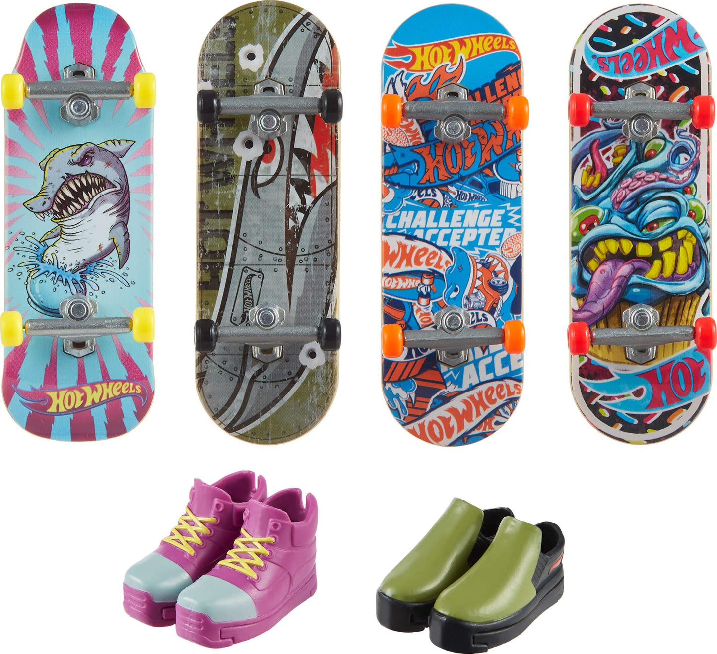 Hot Wheels, Multipack de Skate, Experto en Velocidad, 4 Patinetas para Dedos y 2 Pares de Tenis de Skate, Skate, Juguete para Niños, Mattel