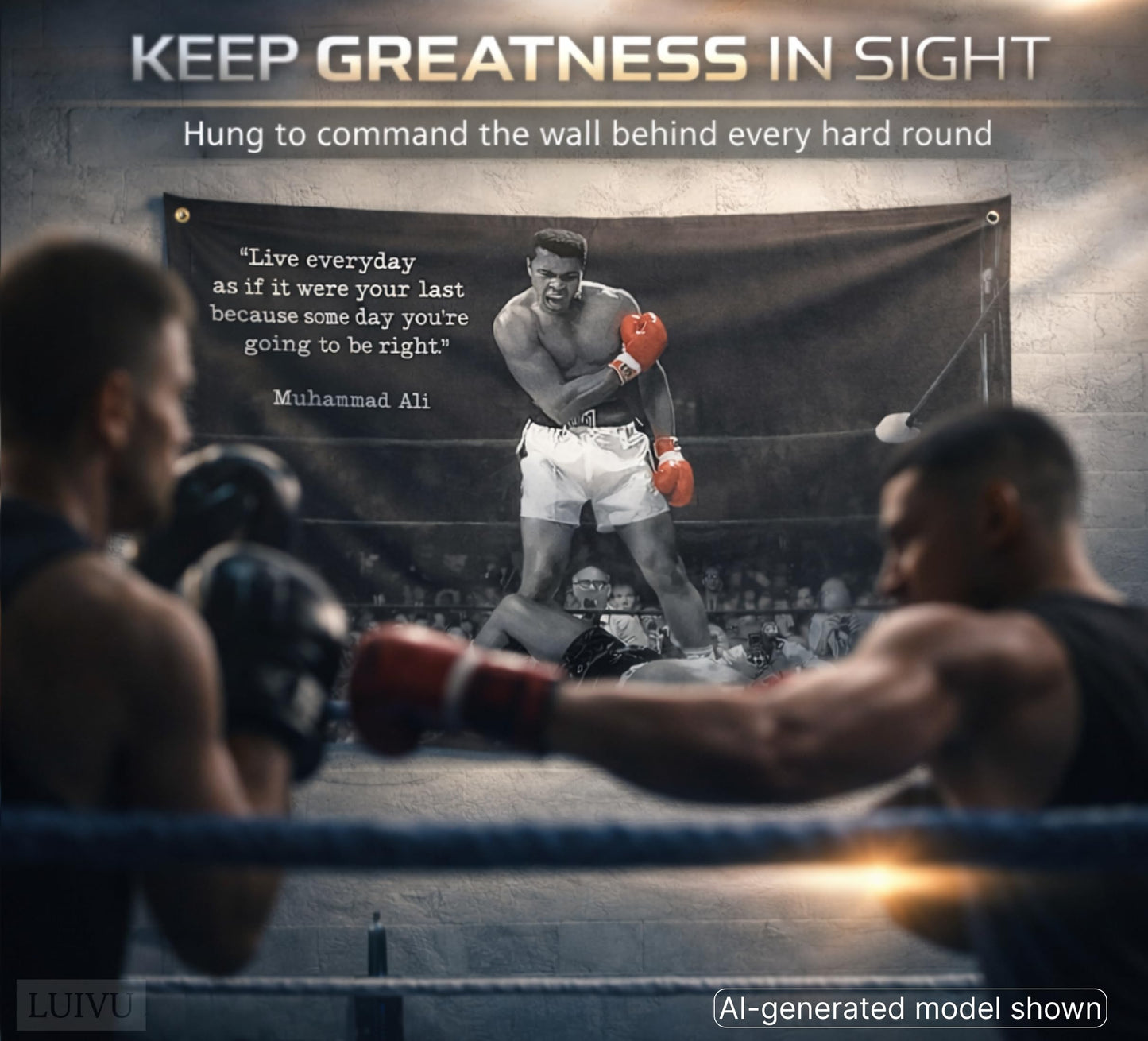 Bandera de Ali masculina de 3 x 5 pulgadas, banderas de boxeo para adolescentes, inspiración para decoración de letreros de gimnasio, arte motivacional de Muhammad para pared o banderas de fraternidad