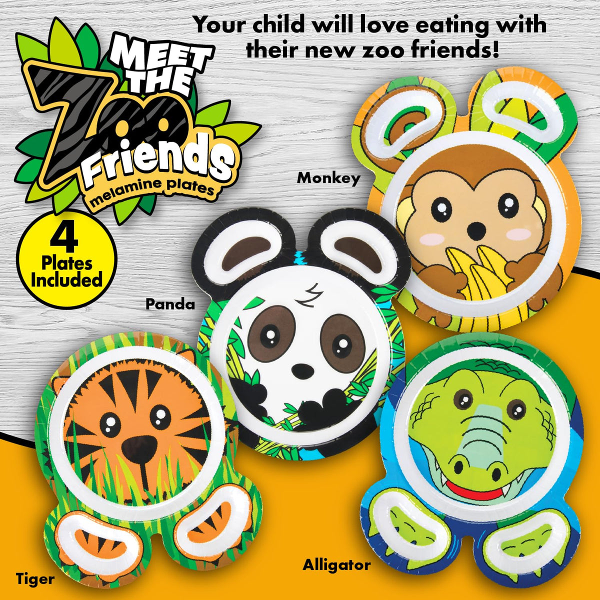 Zoo Friends Mealtime Feeding Plates - Set of 4 Different Cute Animal Dishes for Kids - Panda, Alligator, Tiger & Monkey - Divided Compartments, Melamine, BPA Free, Dishwasher Safe