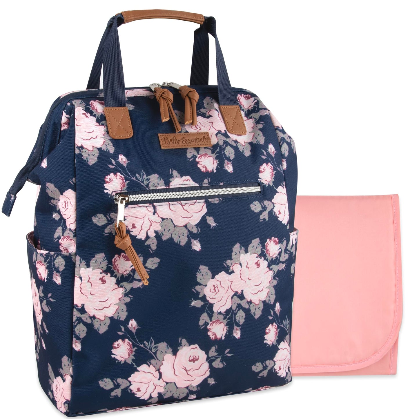 Baby Essentials - Mochila para pañales – Gran capacidad, compartimento aislado súper refrigerante, diseño de marco principal con cambiador y correas para carriola, Azul Marino Floral, Mediano, Mochila