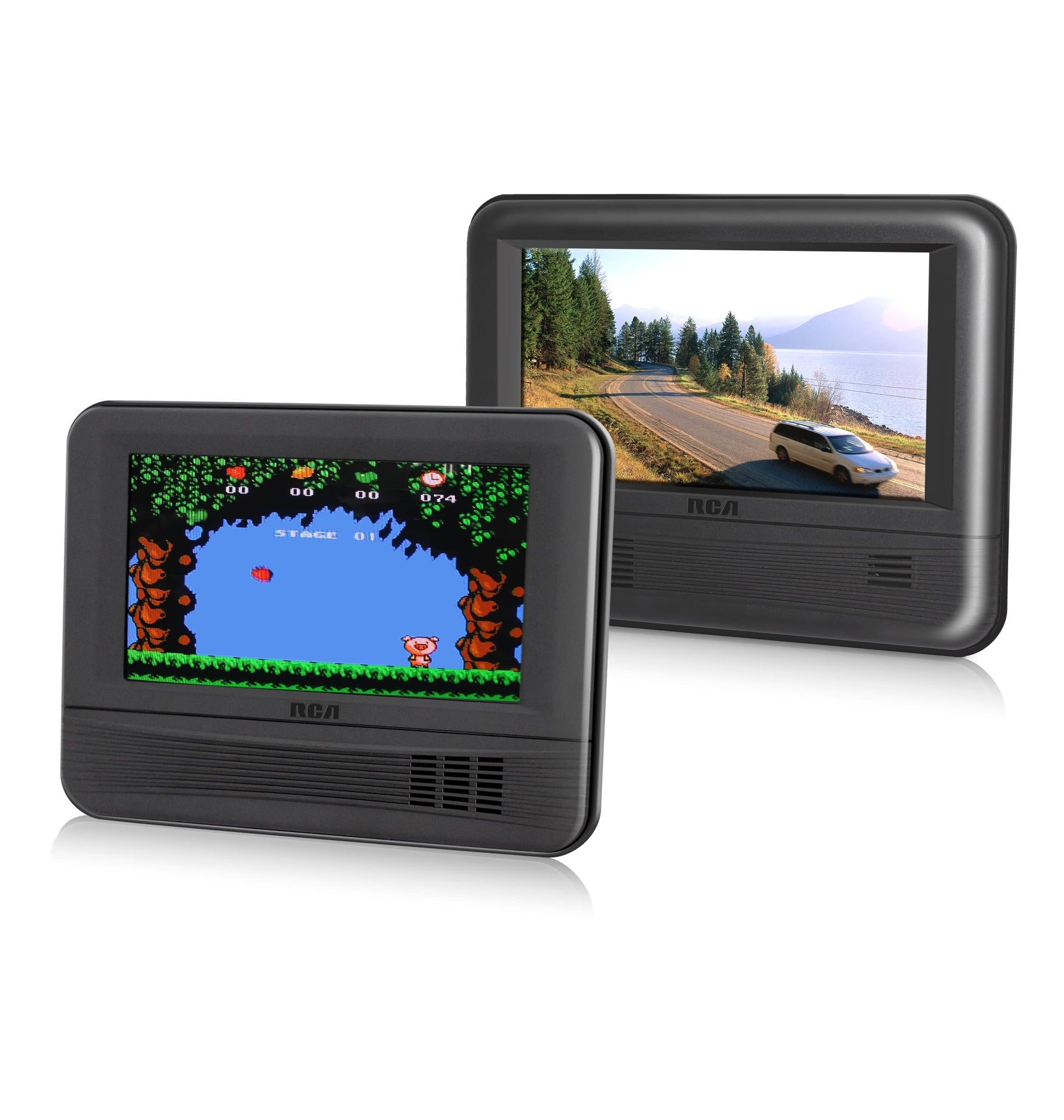 Sistema de Reproductor DVD Móvil de Pantalla Doble RCA Dorado con Control de Juegos y Set de 6 Piezas