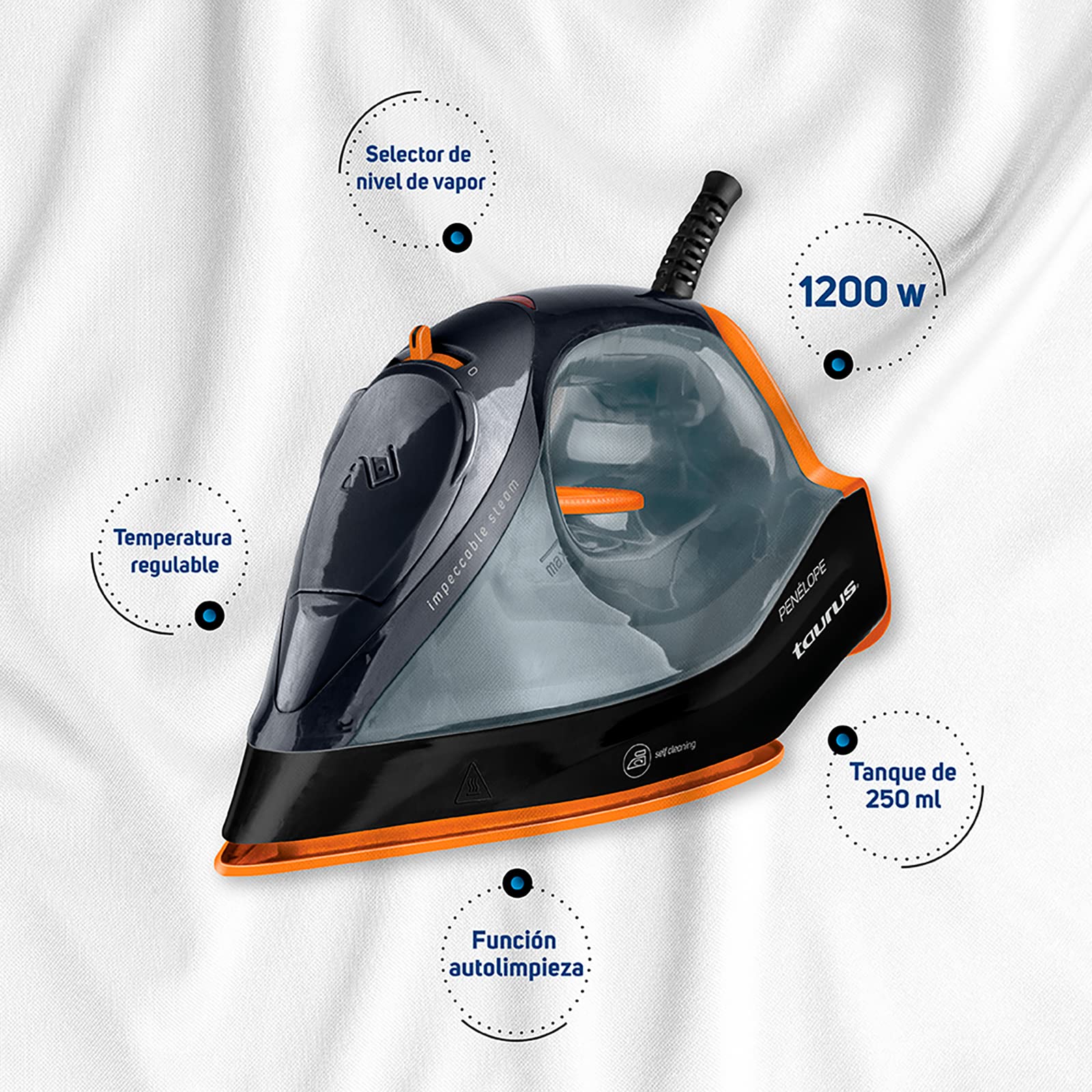 Plancha de Vapor Taurus Penelope Anti enredos Compacta con Suela Antiadherente y Control de Temperatura
